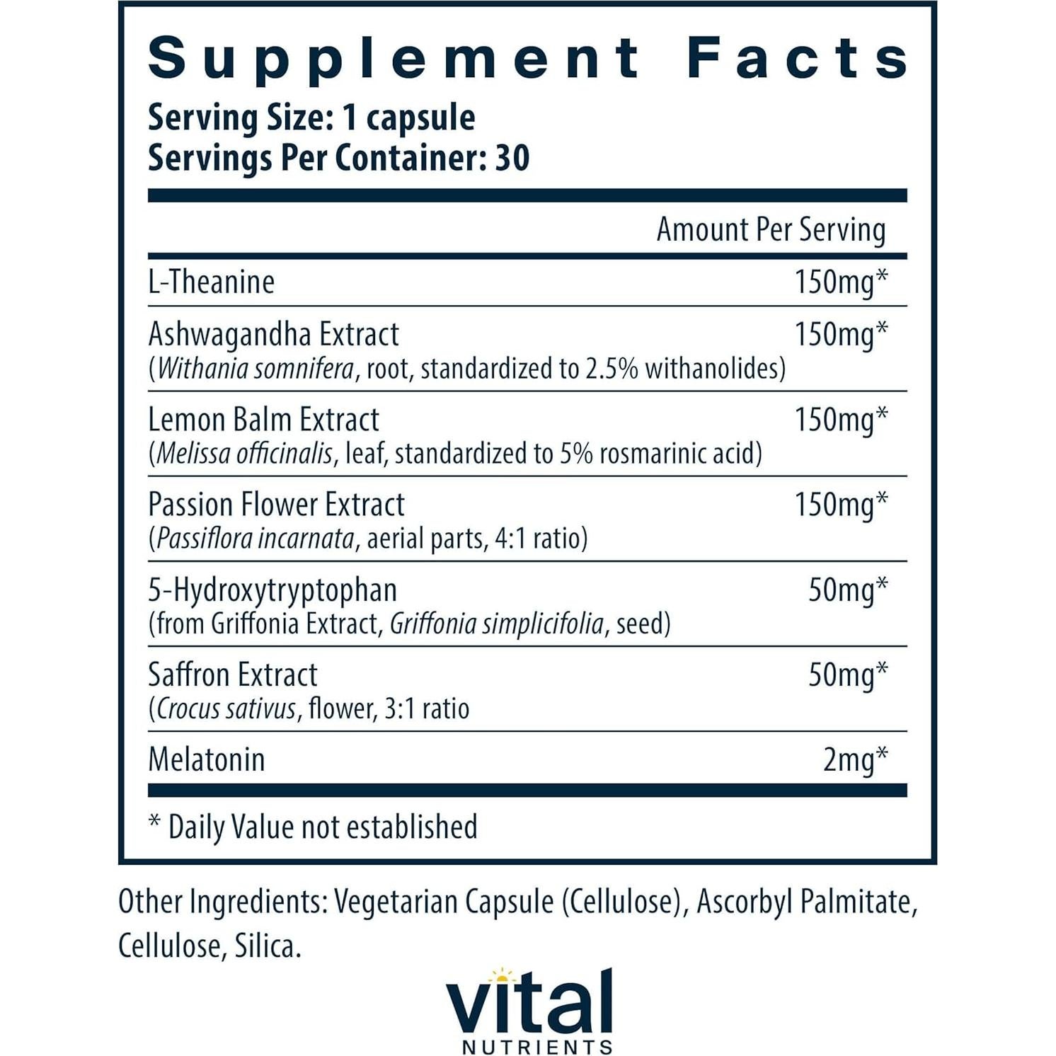 Suplemento Vegano Vital Nutrients Sueño 30 Cápsulas - Melatonina, Ashwagandha