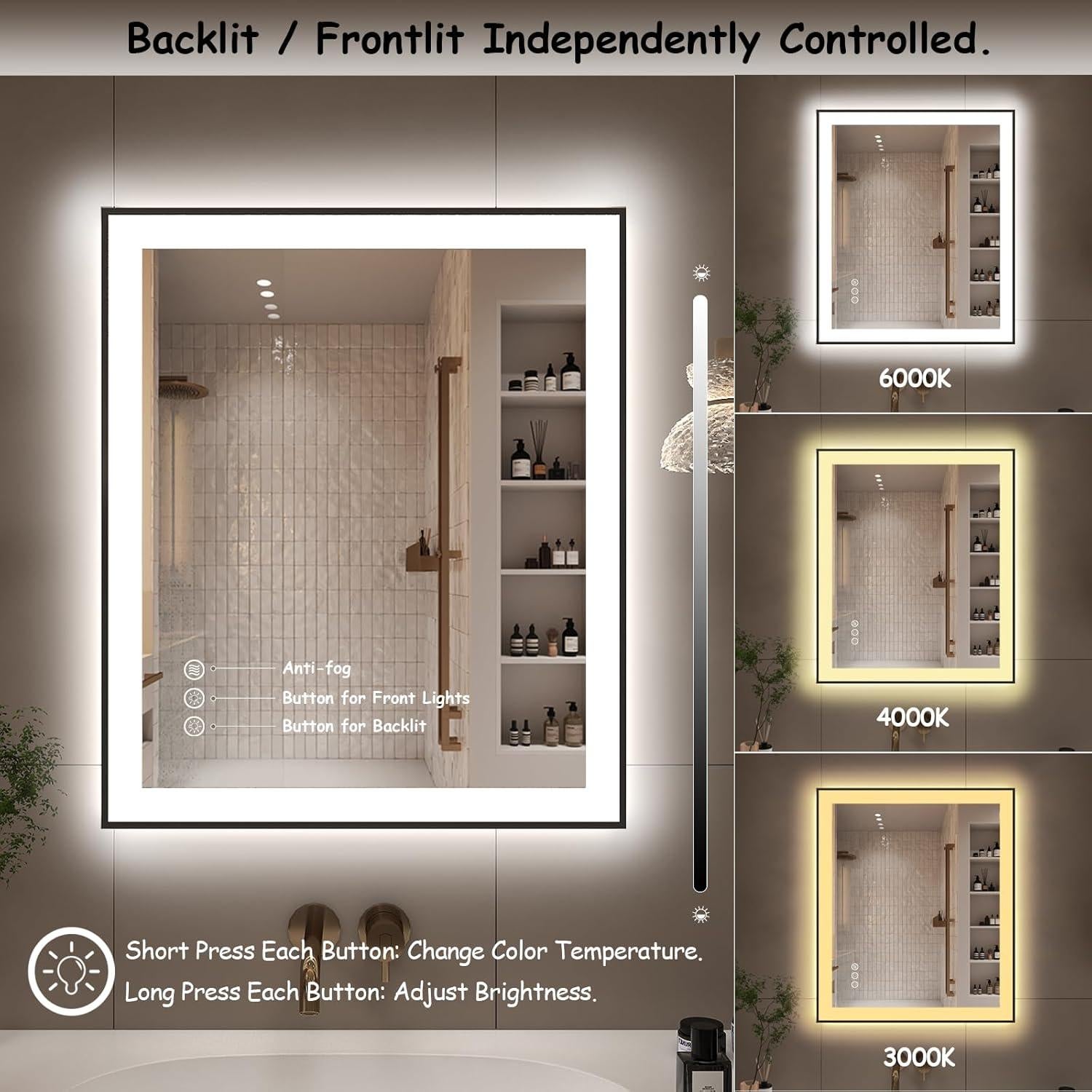 Espejo LED enmarcado CHARMOR 71x52 cm regulable anti-vaho
