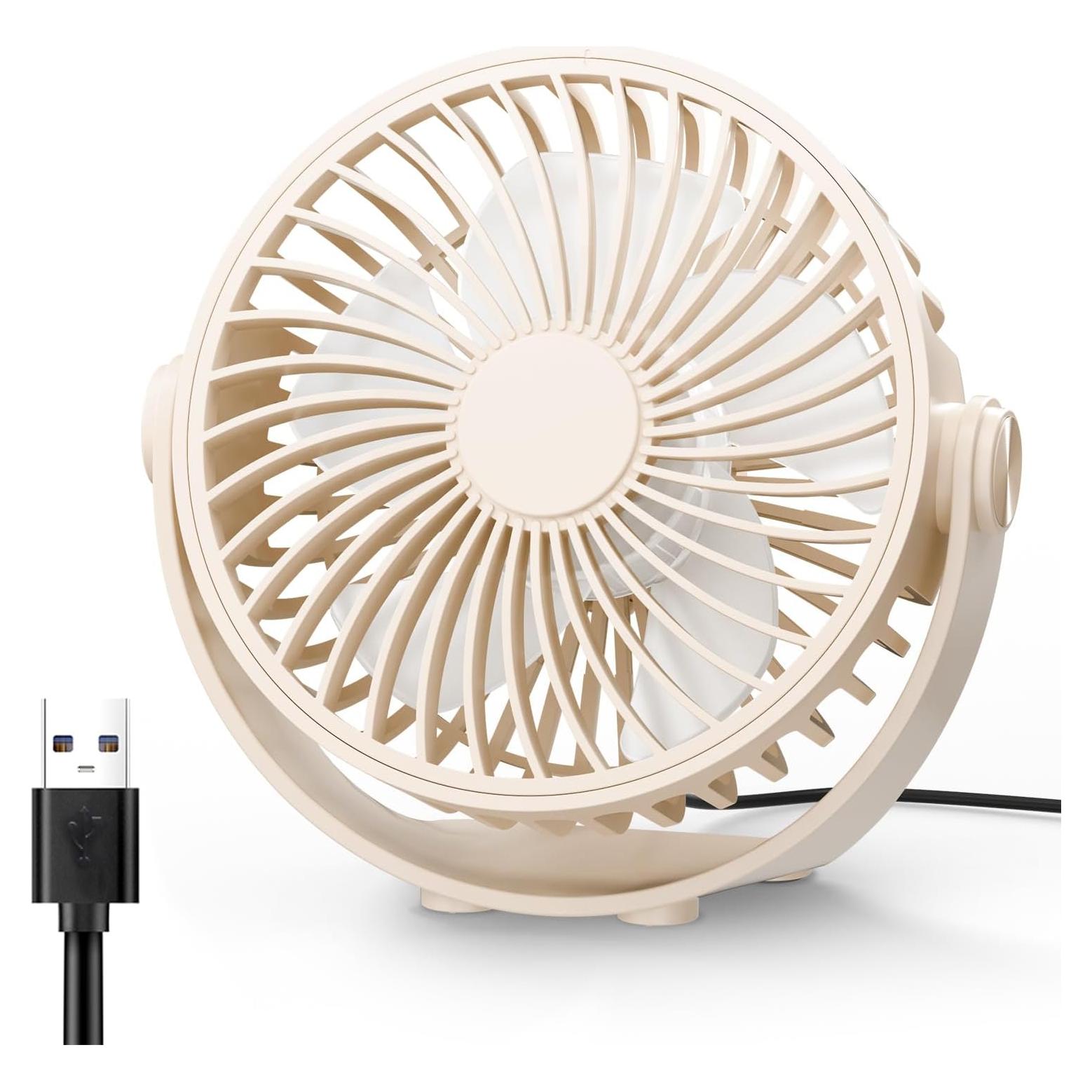 USB Desk Fan, 5 Inch Mini Portable, 3 Speeds Strong Airflow Personal Desktop, Detachable Cooling Fan 360° Rotation Quiet Small Fan for Desk Home Office Travel Car, Beige, 5ft Cable