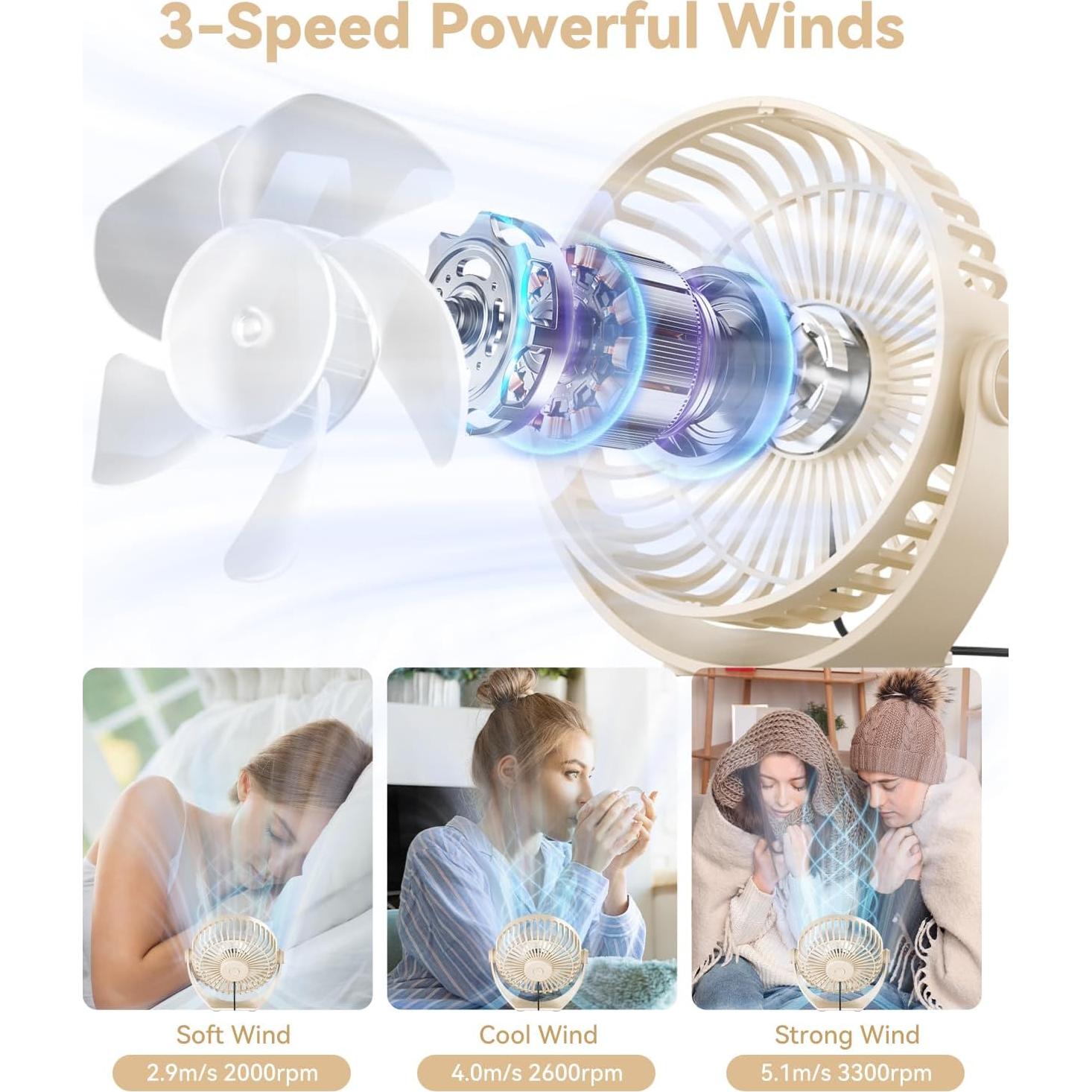 USB Desk Fan, 5 Inch Mini Portable, 3 Speeds Strong Airflow Personal Desktop, Detachable Cooling Fan 360° Rotation Quiet Small Fan for Desk Home Office Travel Car, Beige, 5ft Cable