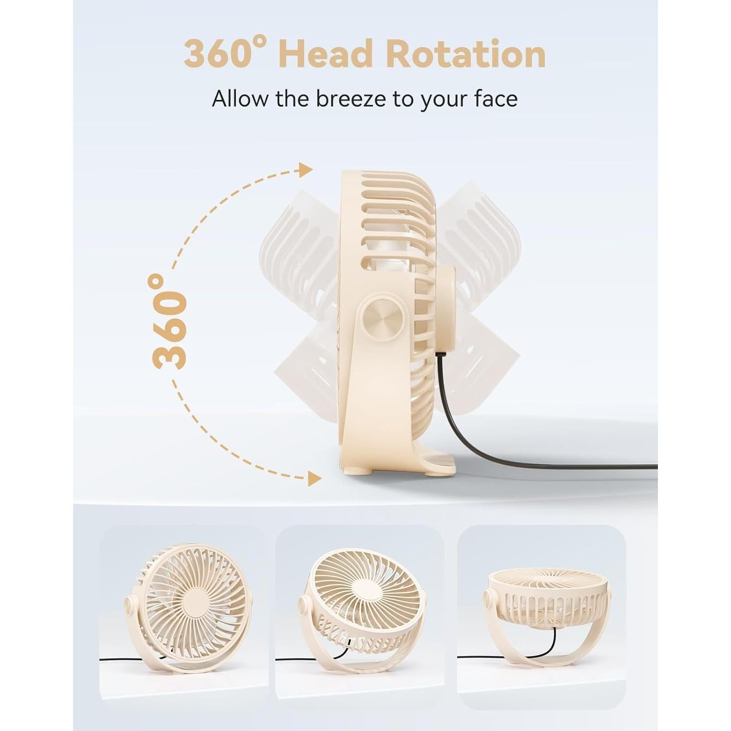 USB Desk Fan, 5 Inch Mini Portable, 3 Speeds Strong Airflow Personal Desktop, Detachable Cooling Fan 360° Rotation Quiet Small Fan for Desk Home Office Travel Car, Beige, 5ft Cable