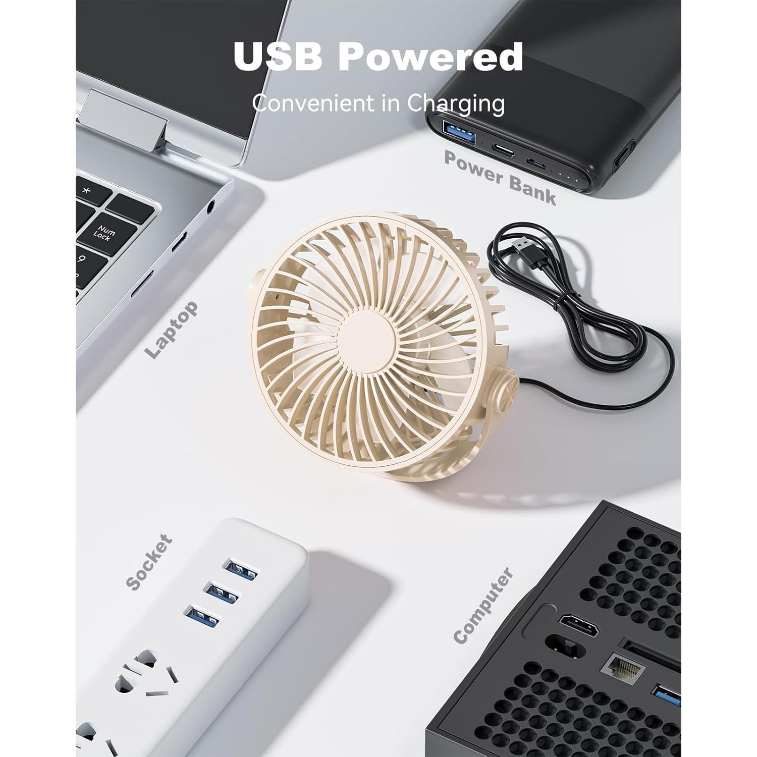 USB Desk Fan, 5 Inch Mini Portable, 3 Speeds Strong Airflow Personal Desktop, Detachable Cooling Fan 360° Rotation Quiet Small Fan for Desk Home Office Travel Car, Beige, 5ft Cable