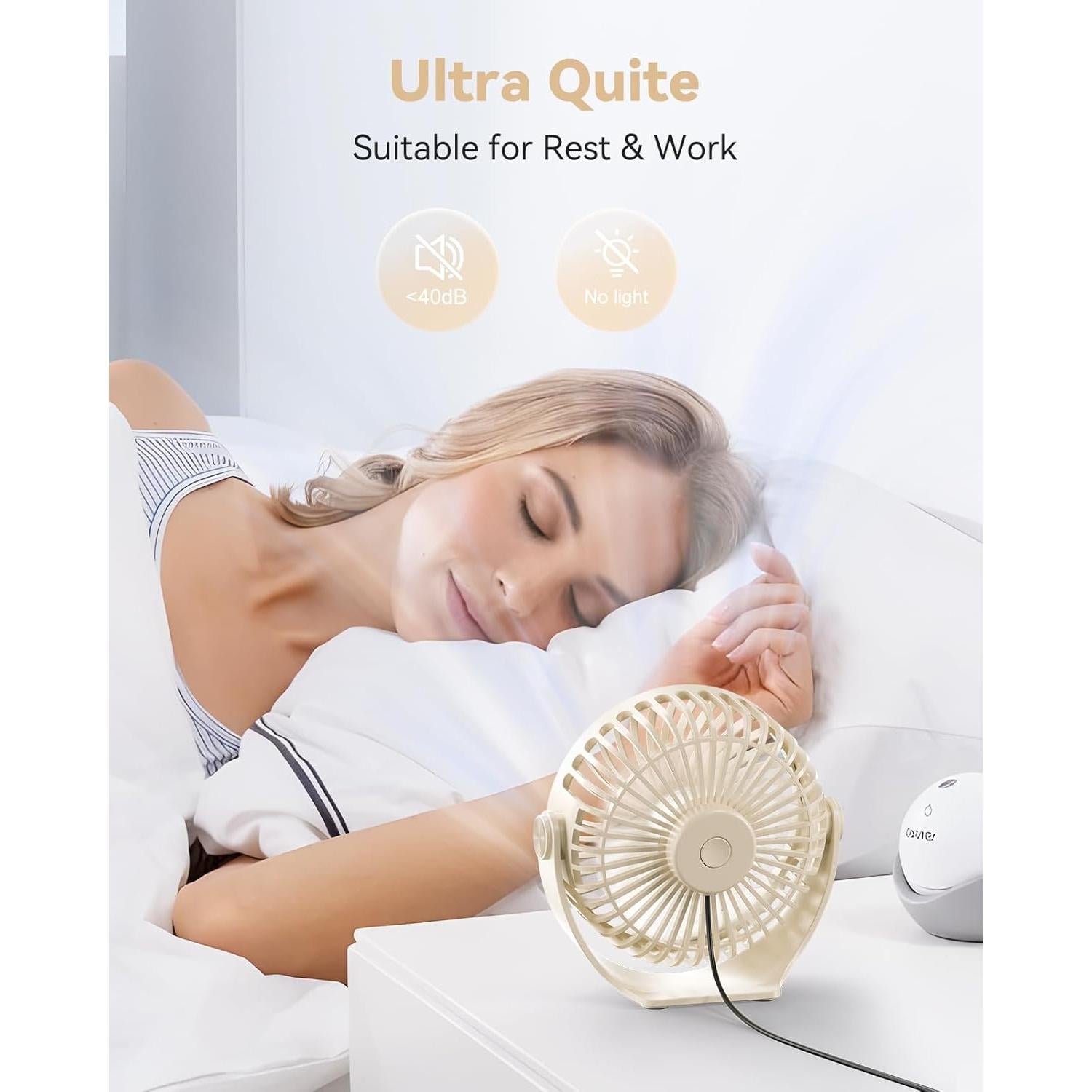 USB Desk Fan, 5 Inch Mini Portable, 3 Speeds Strong Airflow Personal Desktop, Detachable Cooling Fan 360° Rotation Quiet Small Fan for Desk Home Office Travel Car, Beige, 5ft Cable