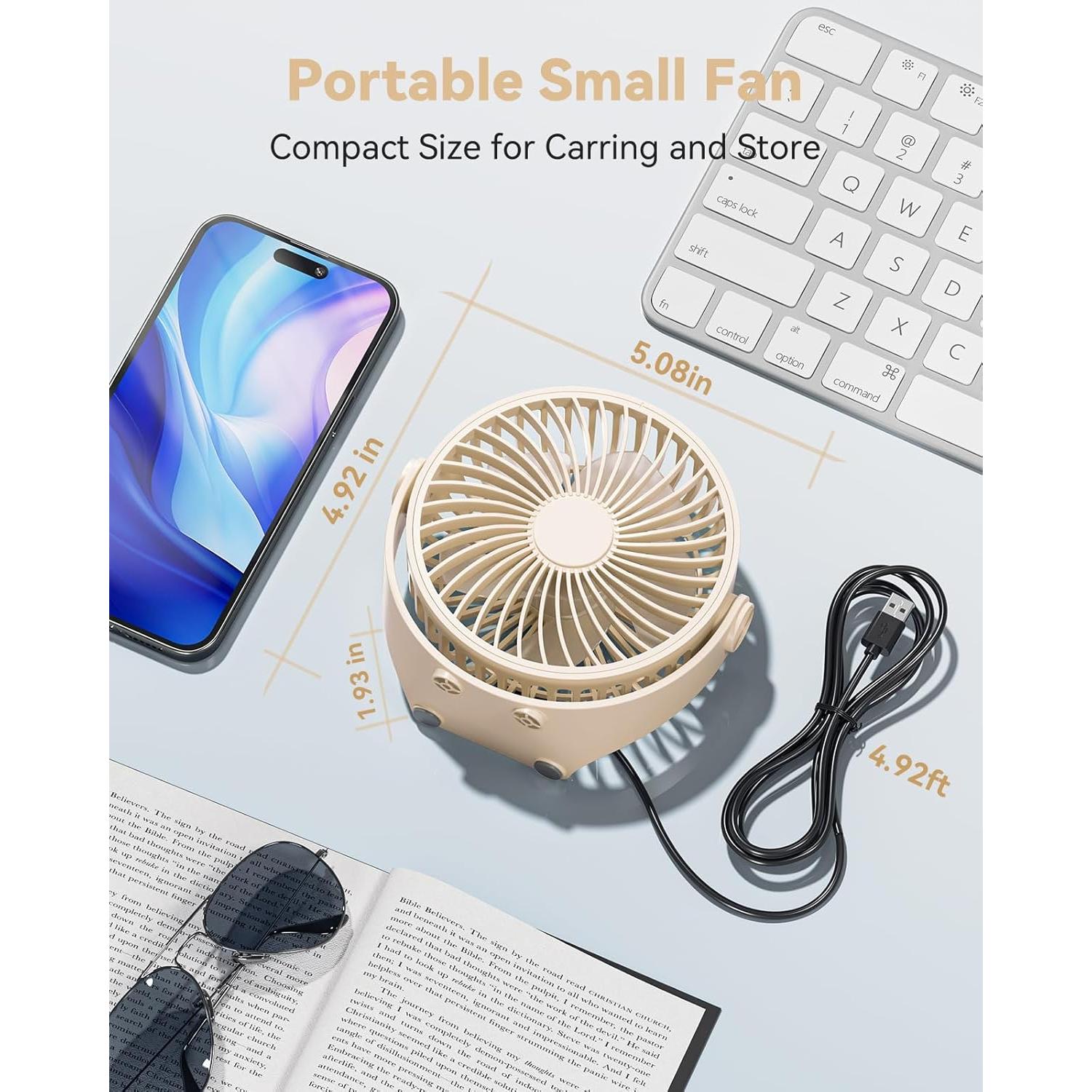 USB Desk Fan, 5 Inch Mini Portable, 3 Speeds Strong Airflow Personal Desktop, Detachable Cooling Fan 360° Rotation Quiet Small Fan for Desk Home Office Travel Car, Beige, 5ft Cable