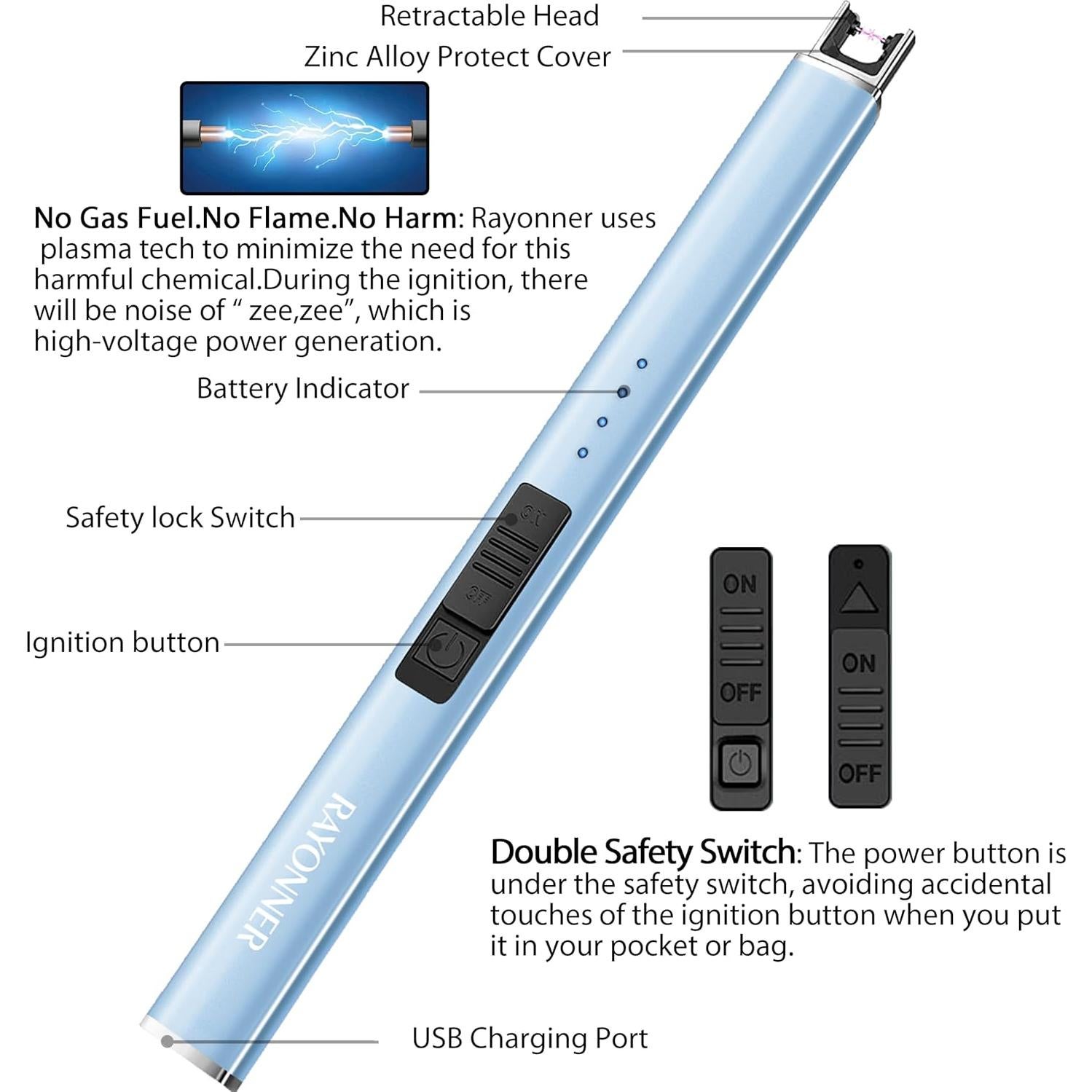 RAYONNER Candle Lighter Flameless USB Rechargeable Electric Plasma Arc Lighters for Grill Firework Kitchen Camping (Sierra Blue, Pack of 2)