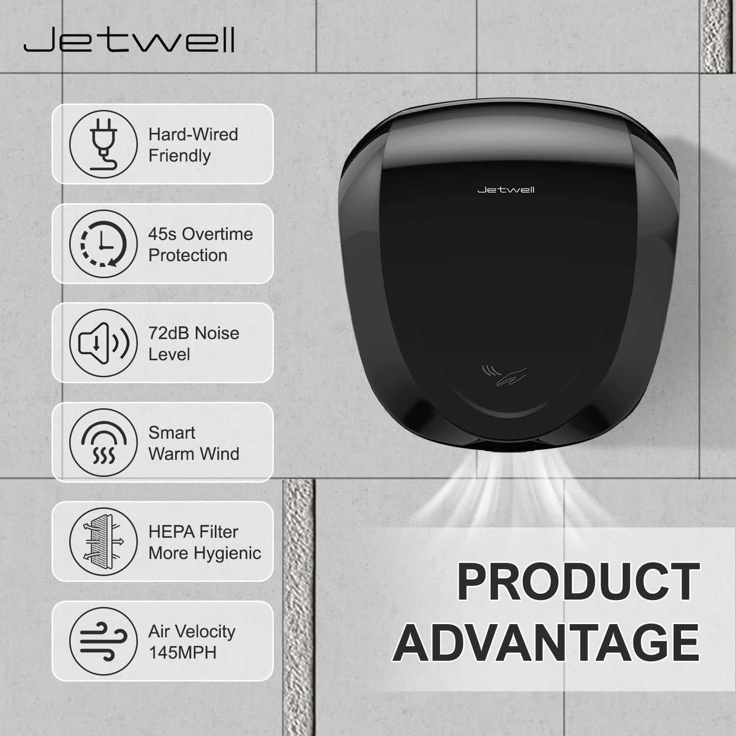 Secador de Manos Automático JETWELL JW2902 Negro con Filtro HEPA