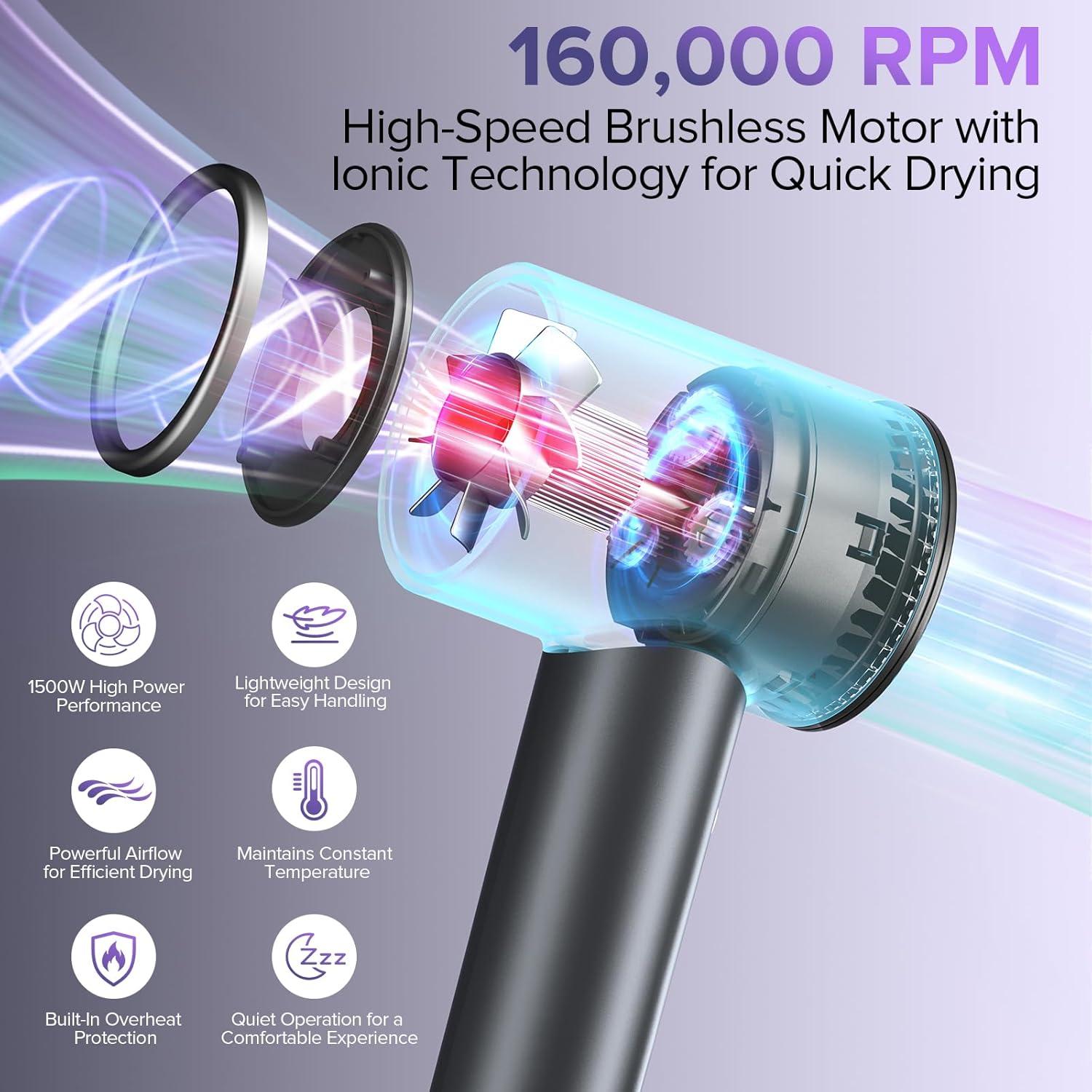 Secador de Pelo Iónico FOIYUF 160000 RPM Ligero y Silencioso