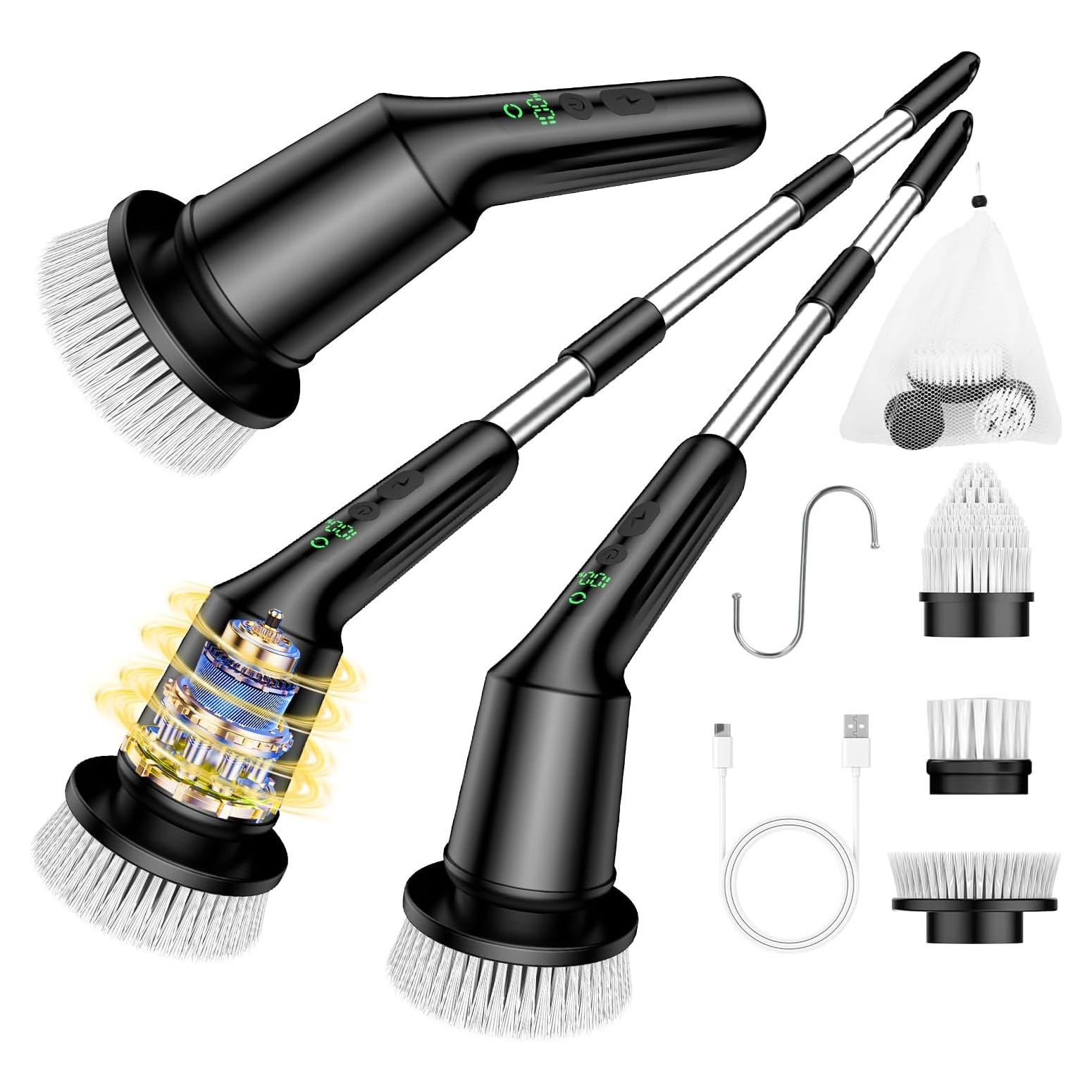 Electric Spin Scrubber for Cleaning Bathroom, Shower Scrubber Cordless Cleaning Brush with IPX7 Waterproof & 2 Speed, 3 Brush Heads, Bathroom Cleaning Supplies for Shower Tub Kitchen Tile Toilet Black