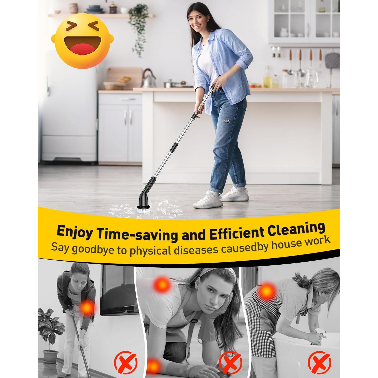 Electric Spin Scrubber for Cleaning Bathroom, Shower Scrubber Cordless Cleaning Brush with IPX7 Waterproof & 2 Speed, 3 Brush Heads, Bathroom Cleaning Supplies for Shower Tub Kitchen Tile Toilet Black