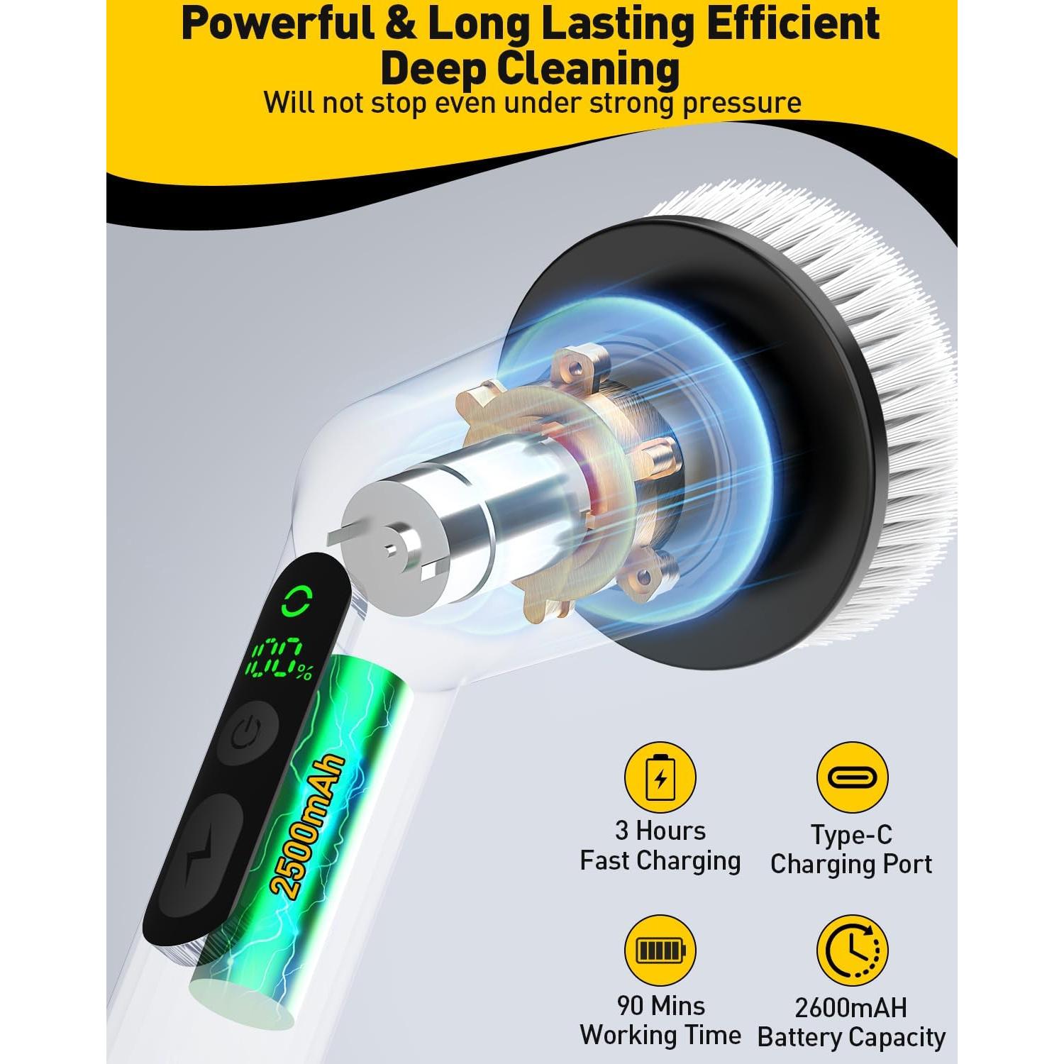 Electric Spin Scrubber for Cleaning Bathroom, Shower Scrubber Cordless Cleaning Brush with IPX7 Waterproof & 2 Speed, 3 Brush Heads, Bathroom Cleaning Supplies for Shower Tub Kitchen Tile Toilet Black