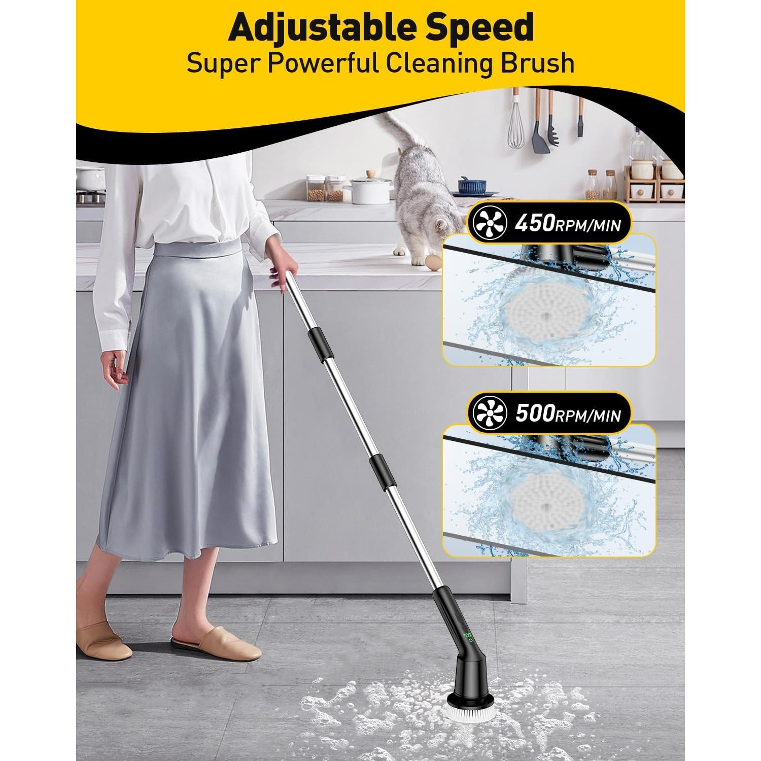 Electric Spin Scrubber for Cleaning Bathroom, Shower Scrubber Cordless Cleaning Brush with IPX7 Waterproof & 2 Speed, 3 Brush Heads, Bathroom Cleaning Supplies for Shower Tub Kitchen Tile Toilet Black