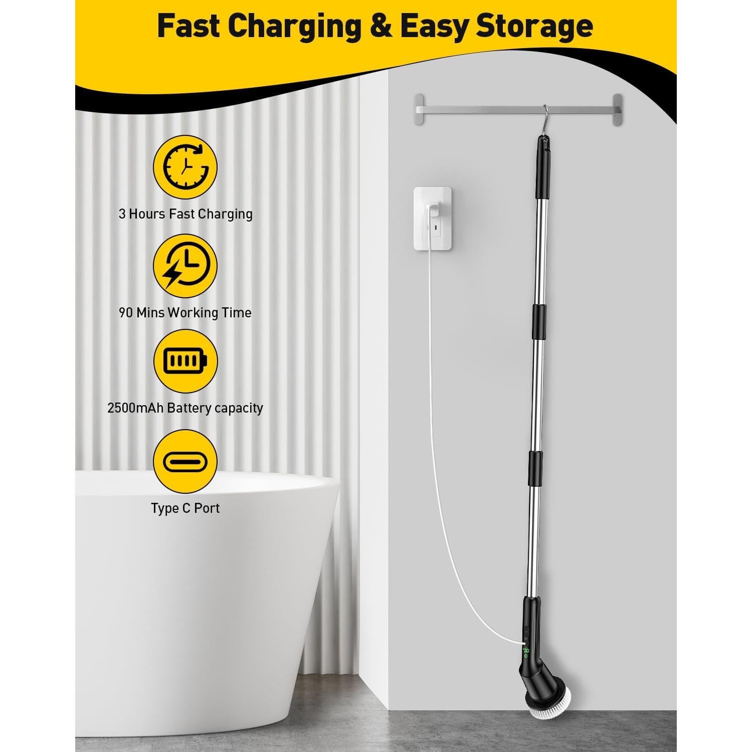 Electric Spin Scrubber for Cleaning Bathroom, Shower Scrubber Cordless Cleaning Brush with IPX7 Waterproof & 2 Speed, 3 Brush Heads, Bathroom Cleaning Supplies for Shower Tub Kitchen Tile Toilet Black