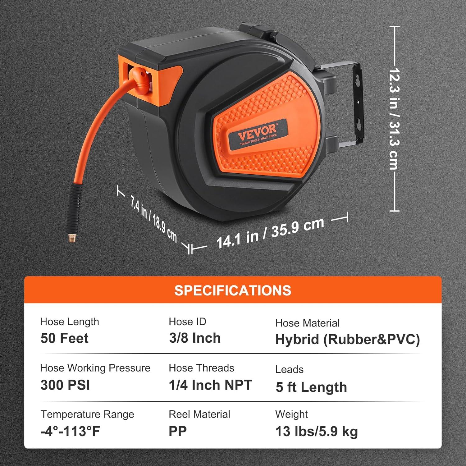 Carrete de Manguera de Aire Retráctil VEVOR 3/8" x 15m 300PSI