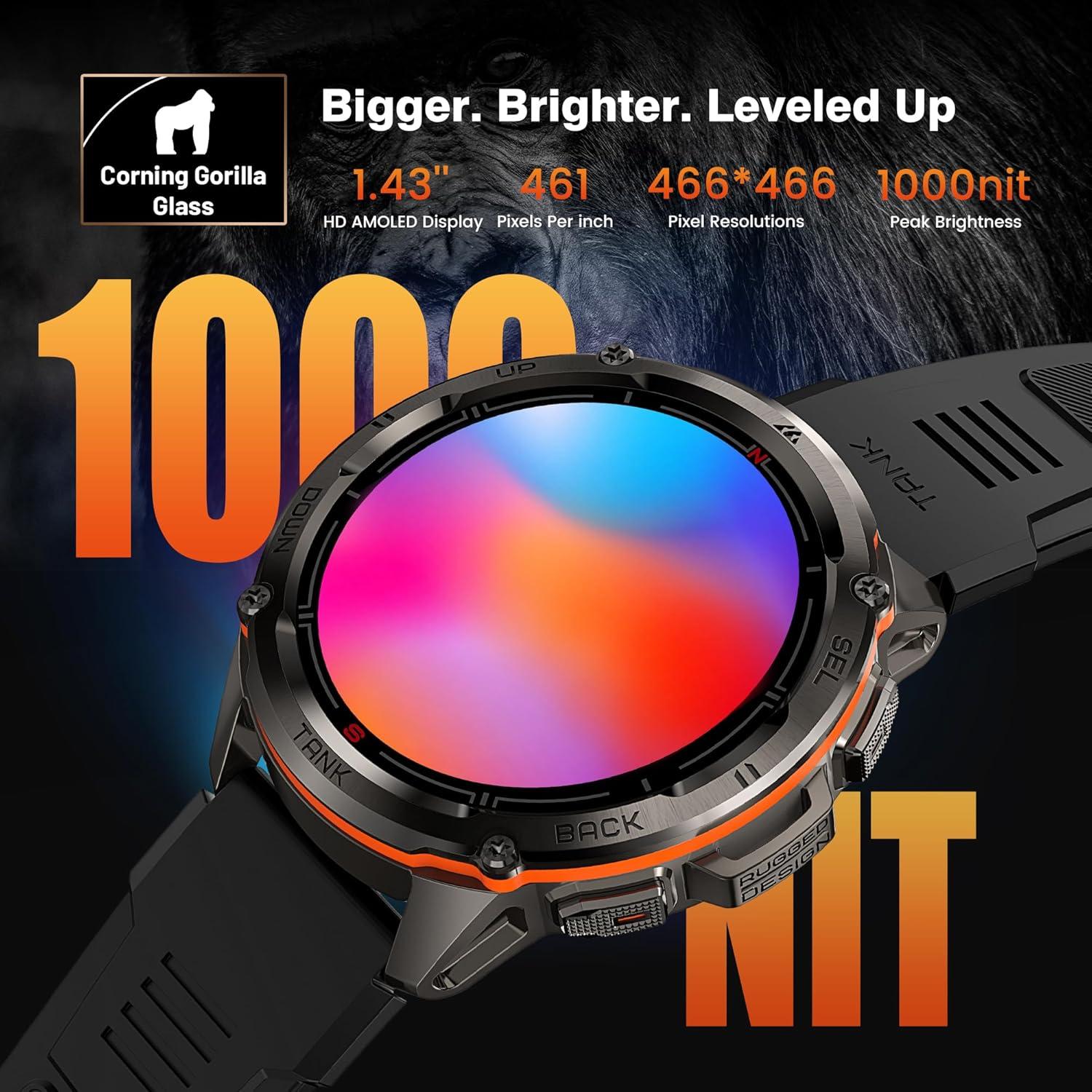 KOSPET Tank T3 Ultra Smart Watch for Men GPS, Extra-Long Battery, 50M Waterproof, Stainless Steel Unibody Rugged Smartwatch with Bluetooth Calling, 1.43" AMOLED Display, Pressure&Altitude&Compass