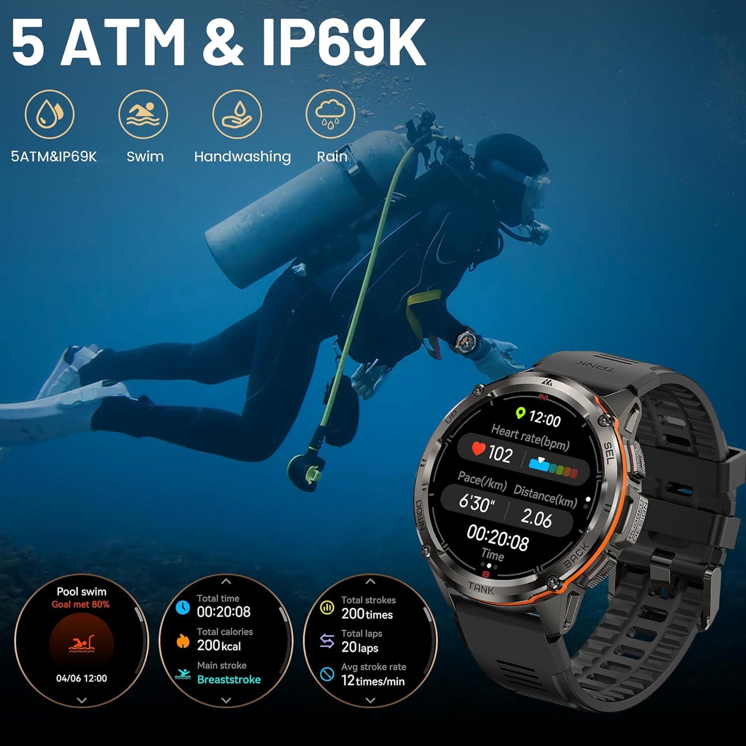 KOSPET Tank T3 Ultra Smart Watch for Men GPS, Extra-Long Battery, 50M Waterproof, Stainless Steel Unibody Rugged Smartwatch with Bluetooth Calling, 1.43" AMOLED Display, Pressure&Altitude&Compass