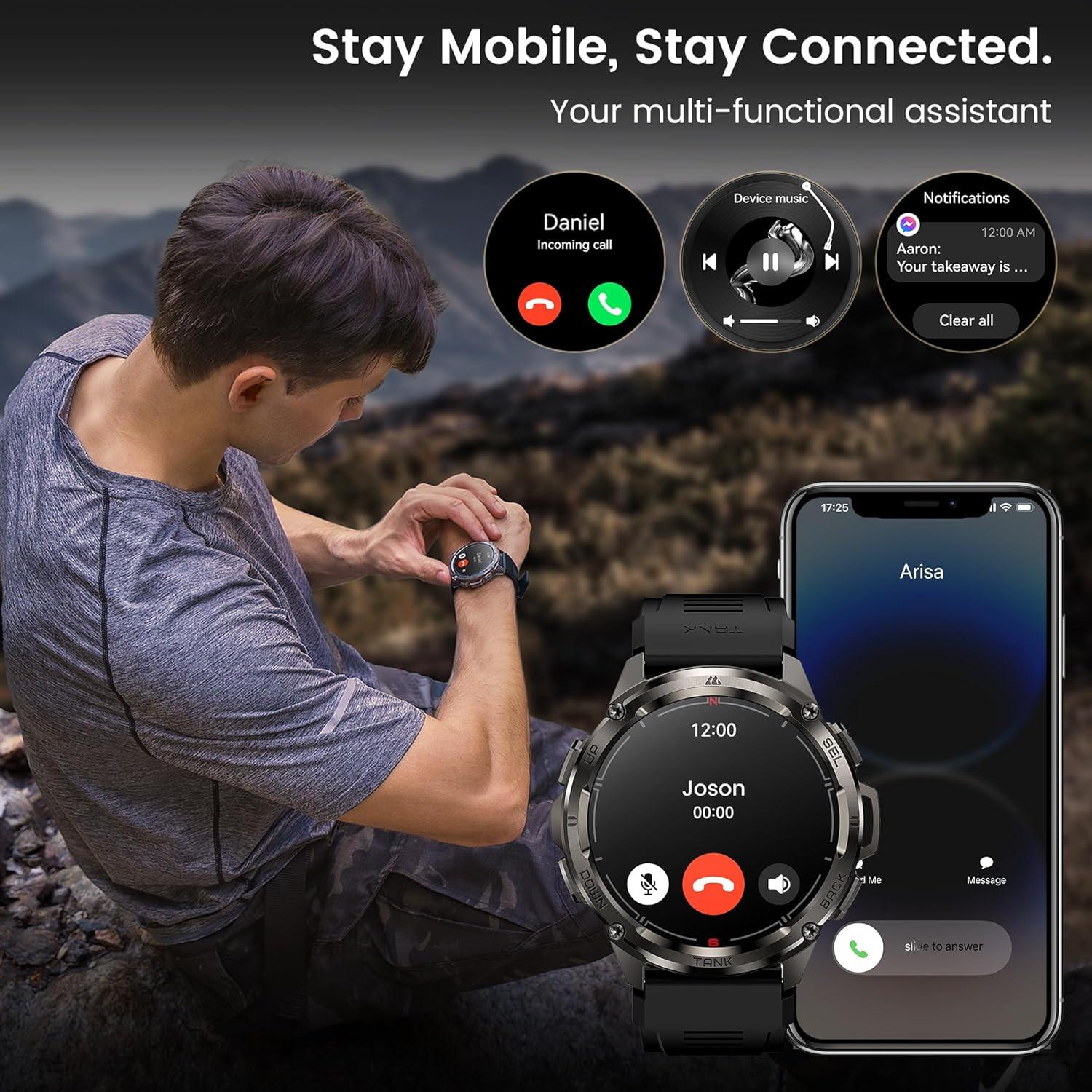 KOSPET Tank T3 Ultra Smart Watch for Men GPS, Extra-Long Battery, 50M Waterproof, Stainless Steel Unibody Rugged Smartwatch with Bluetooth Calling, 1.43" AMOLED Display, Pressure&Altitude&Compass