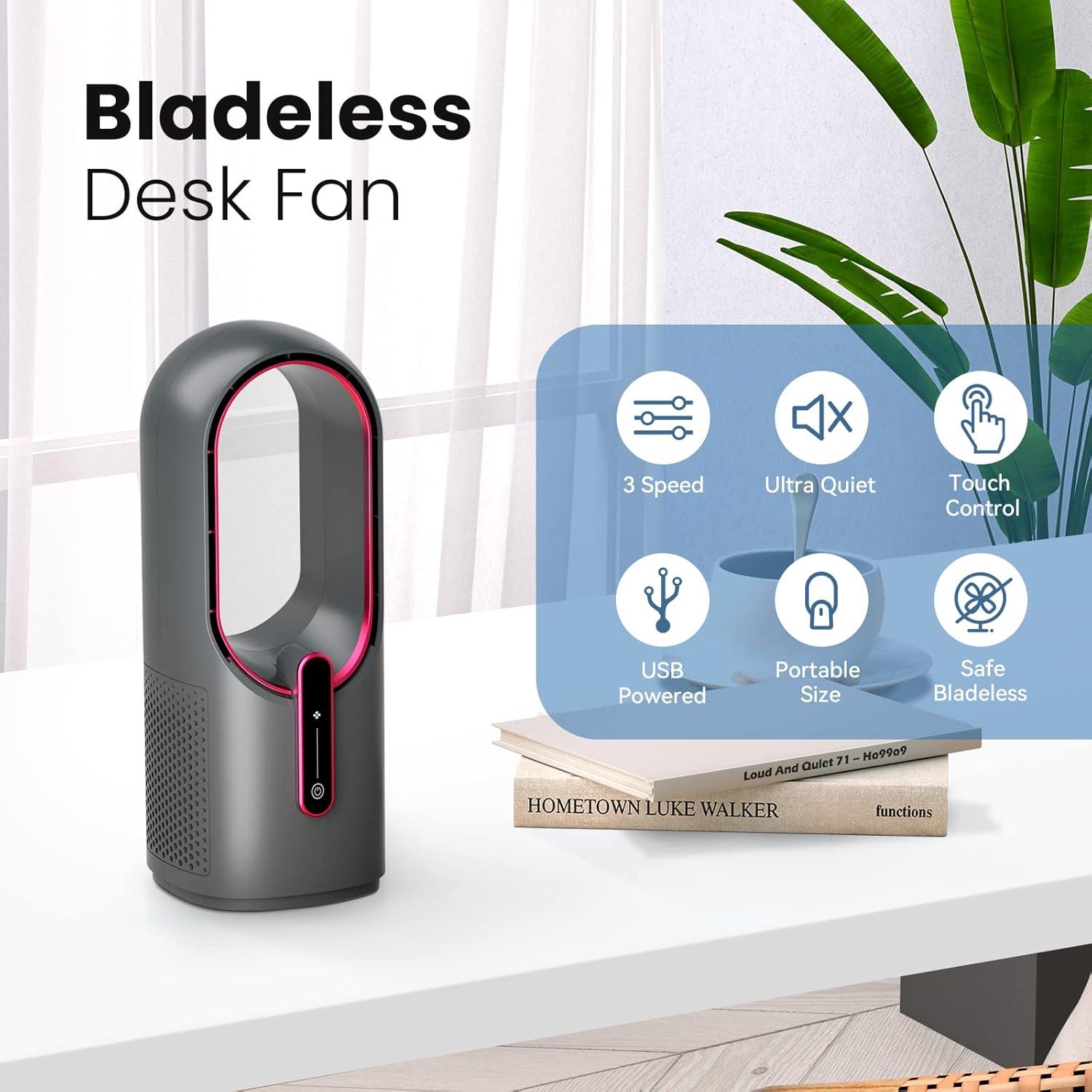Desk Fan Bladeless, 11.8 Inch Office Fan Small, Quiet, 3 Speed Adjustment, Touch Control, Easy to Clean, Desk Fans Small Quiet, Ideal for Office, Living Room, Bedroom