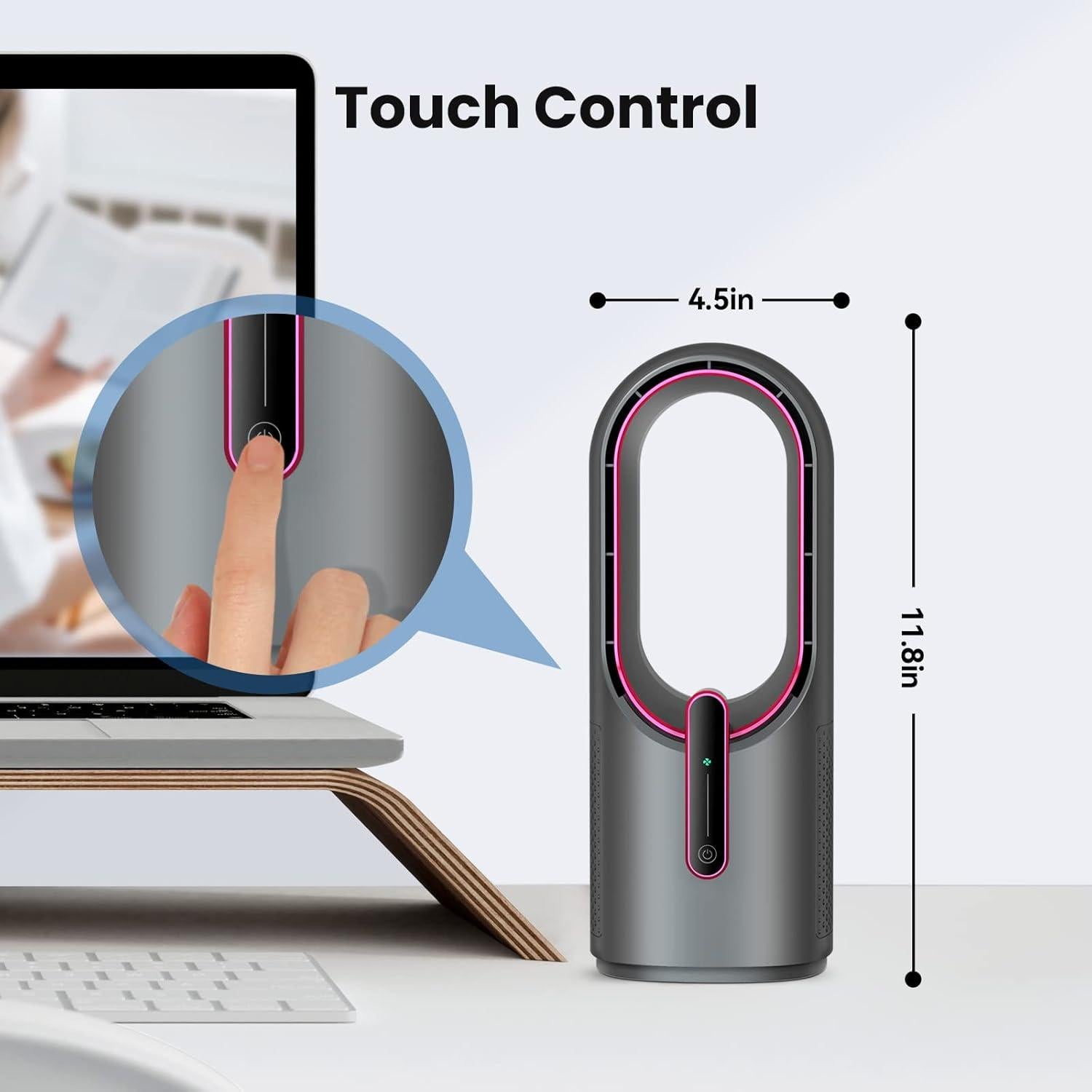 Desk Fan Bladeless, 11.8 Inch Office Fan Small, Quiet, 3 Speed Adjustment, Touch Control, Easy to Clean, Desk Fans Small Quiet, Ideal for Office, Living Room, Bedroom