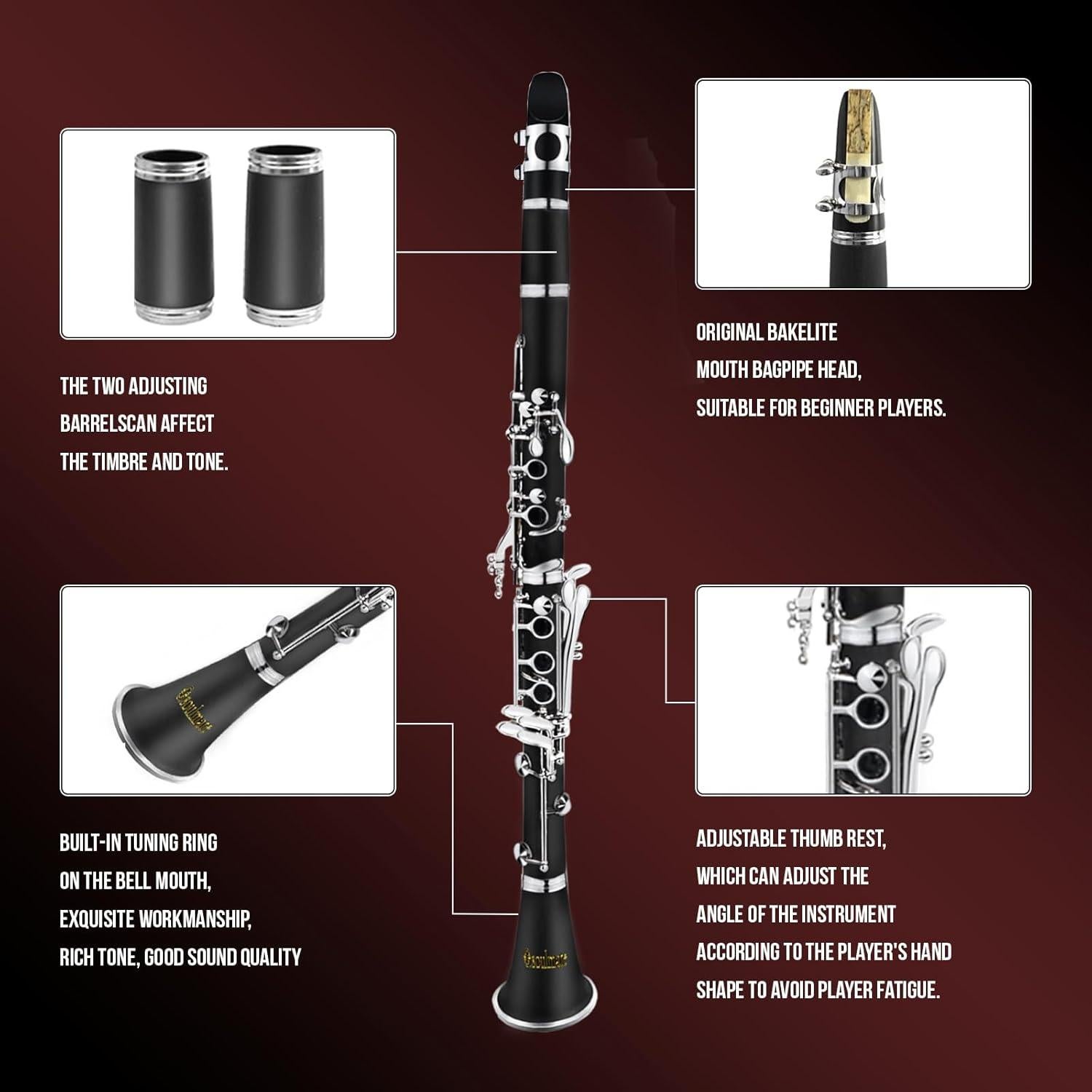 Clarinete Bb Soulmate Negro 17 Teclas Kit Completo