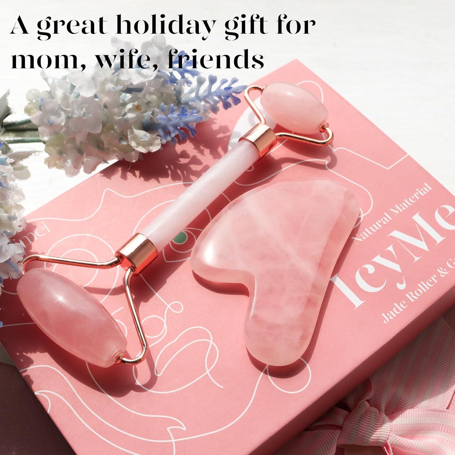 Rodillo de Jade BAIMEI y Gua Sha Rosa para Masaje Facial