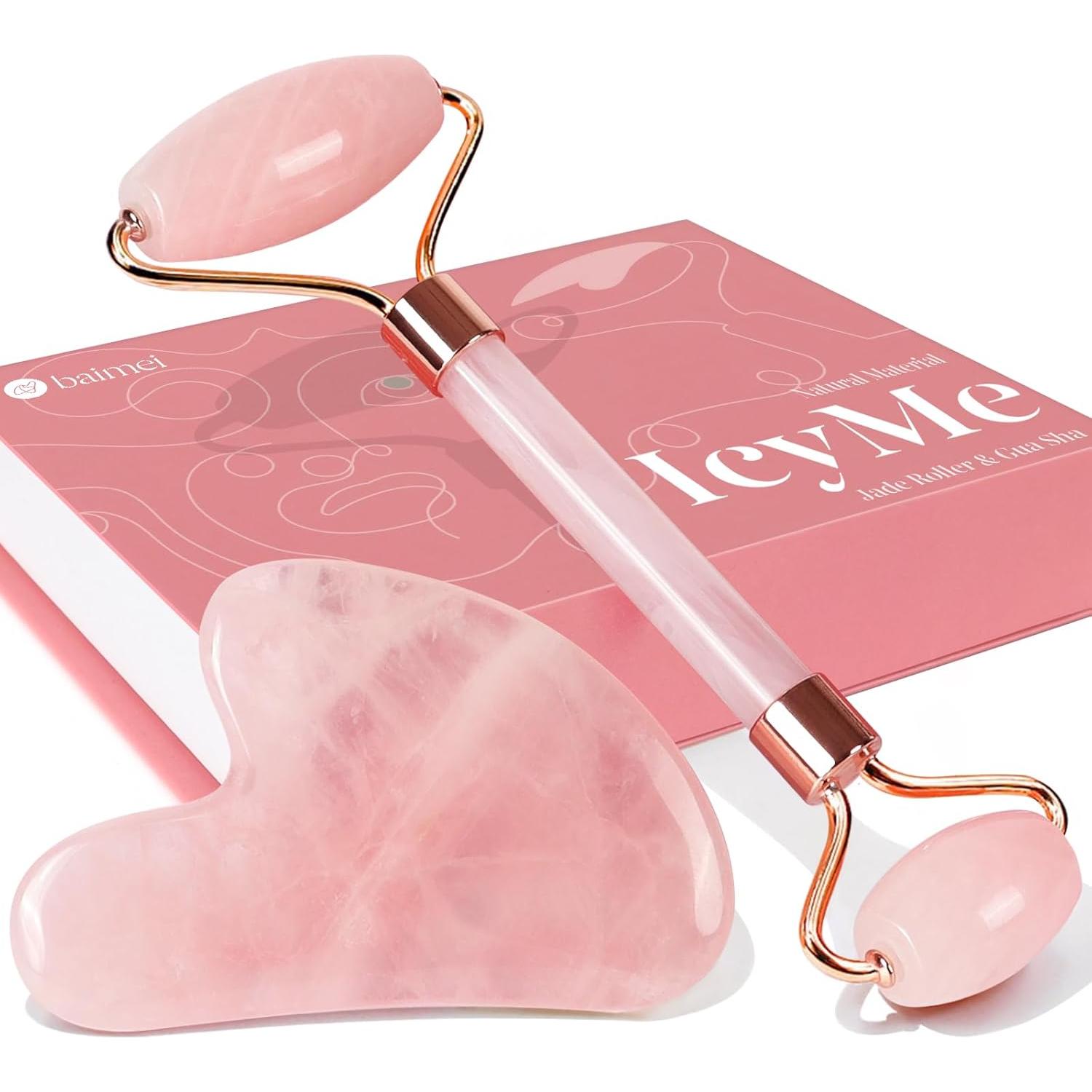 Rodillo de Jade BAIMEI y Gua Sha Rosa para Masaje Facial