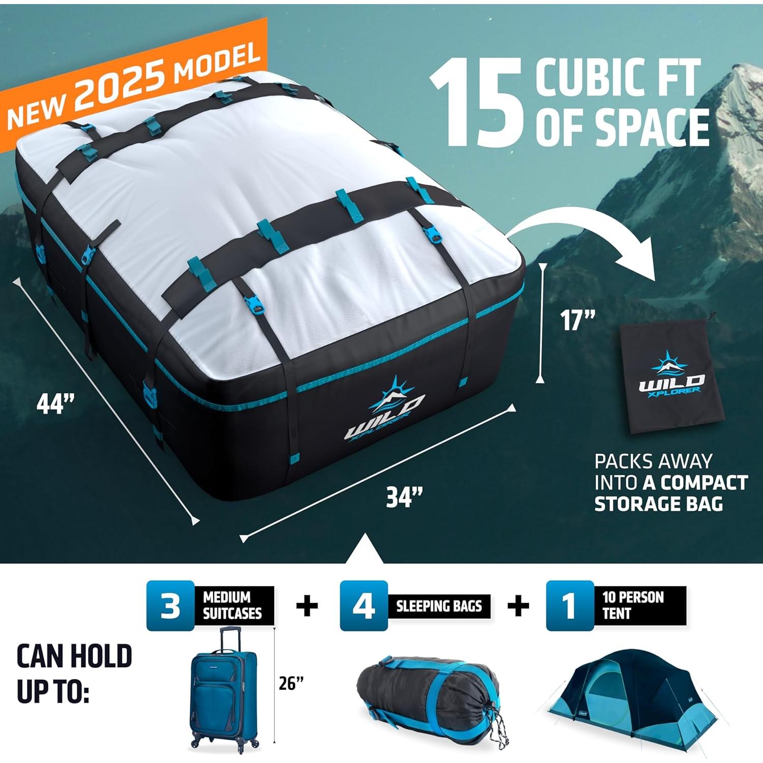 Rooftop Cargo Carrier - Waterproof Soft Shell Car Roof Cargo Carrier, Heavy Duty Car Top Luggage Cargo Bag with Patented Door Hook System and Non-Slip Mat for Car or SUV (15 Cubic Feet)