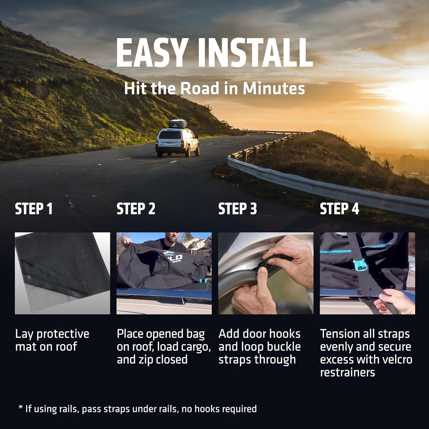 Rooftop Cargo Carrier - Waterproof Soft Shell Car Roof Cargo Carrier, Heavy Duty Car Top Luggage Cargo Bag with Patented Door Hook System and Non-Slip Mat for Car or SUV (15 Cubic Feet)