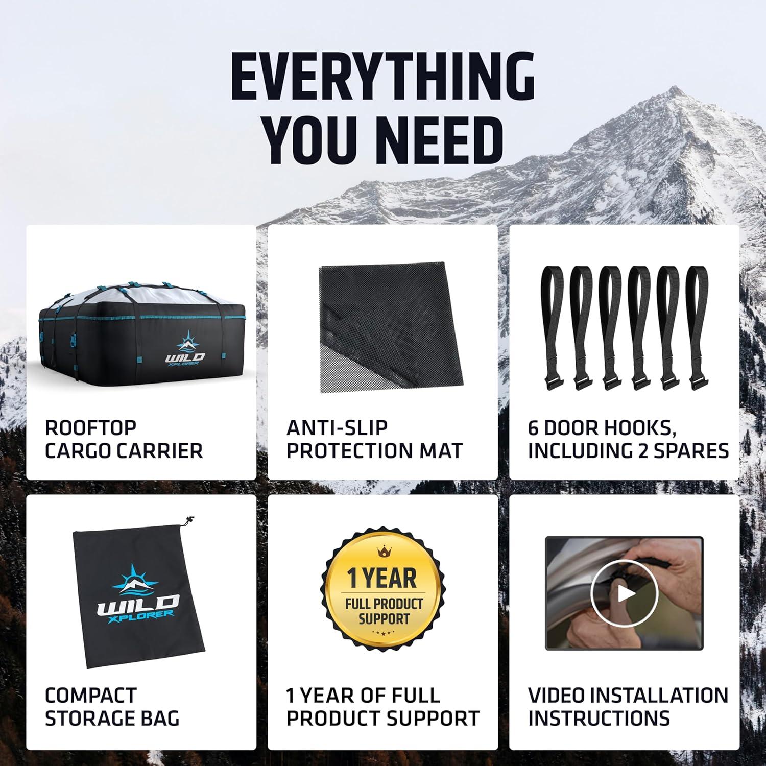 Rooftop Cargo Carrier - Waterproof Soft Shell Car Roof Cargo Carrier, Heavy Duty Car Top Luggage Cargo Bag with Patented Door Hook System and Non-Slip Mat for Car or SUV (15 Cubic Feet)