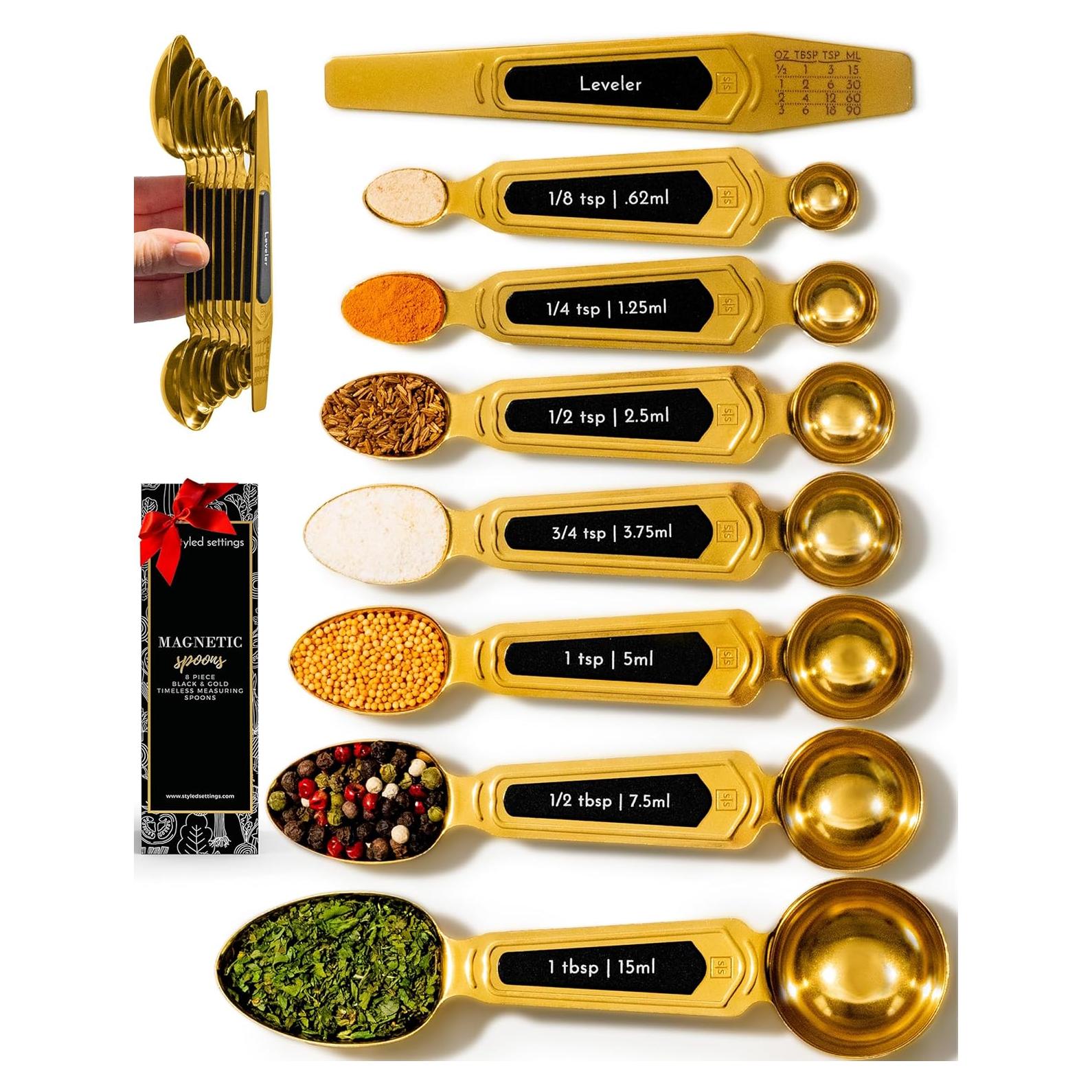 Cucharas Medidoras Magnéticas Doradas 8 Piezas Acero Inoxidable