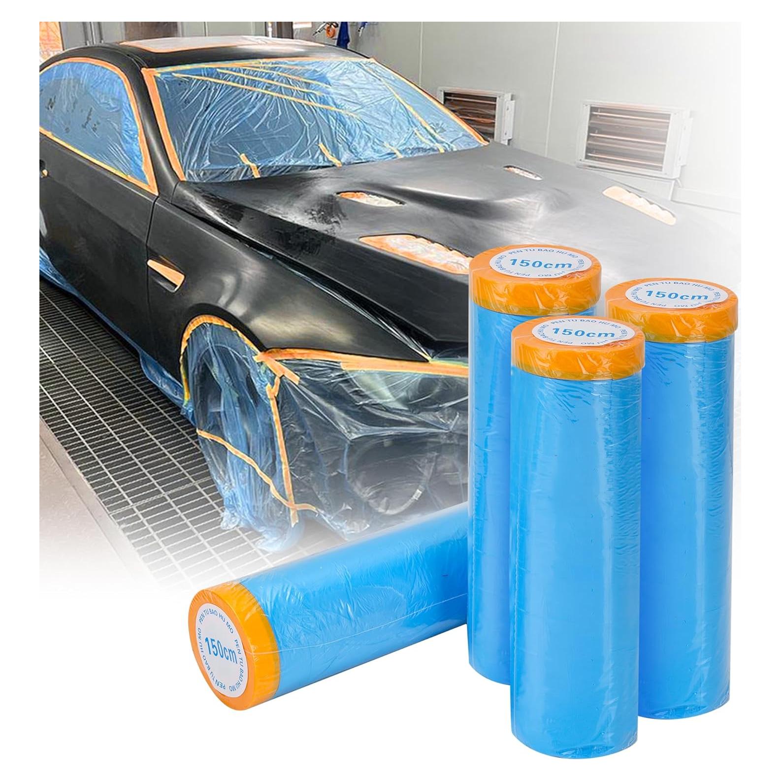 Pre-Taped Automotive Masking Film 4 Pack 59 in x 65 feet Rolls, Tape and Drape, Painters Plastic Drop Cloth for Automotive Painting Covering, House Decoration Furniture Floor Dustproof Cover