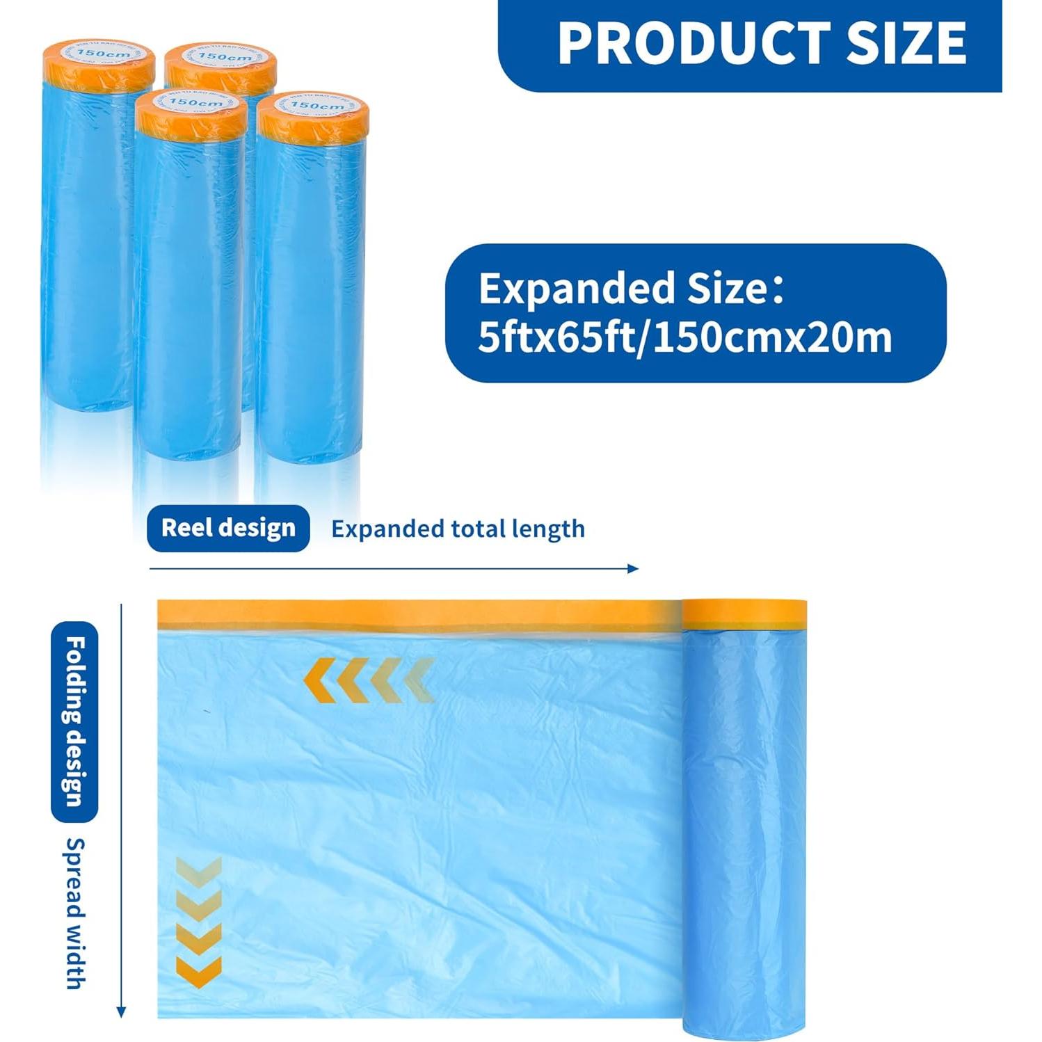 Pre-Taped Automotive Masking Film 4 Pack 59 in x 65 feet Rolls, Tape and Drape, Painters Plastic Drop Cloth for Automotive Painting Covering, House Decoration Furniture Floor Dustproof Cover