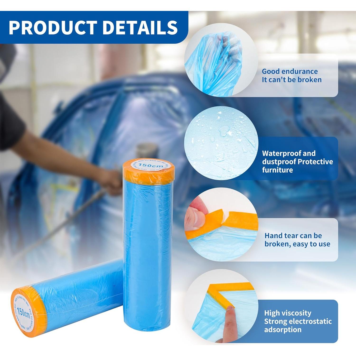 Pre-Taped Automotive Masking Film 4 Pack 59 in x 65 feet Rolls, Tape and Drape, Painters Plastic Drop Cloth for Automotive Painting Covering, House Decoration Furniture Floor Dustproof Cover