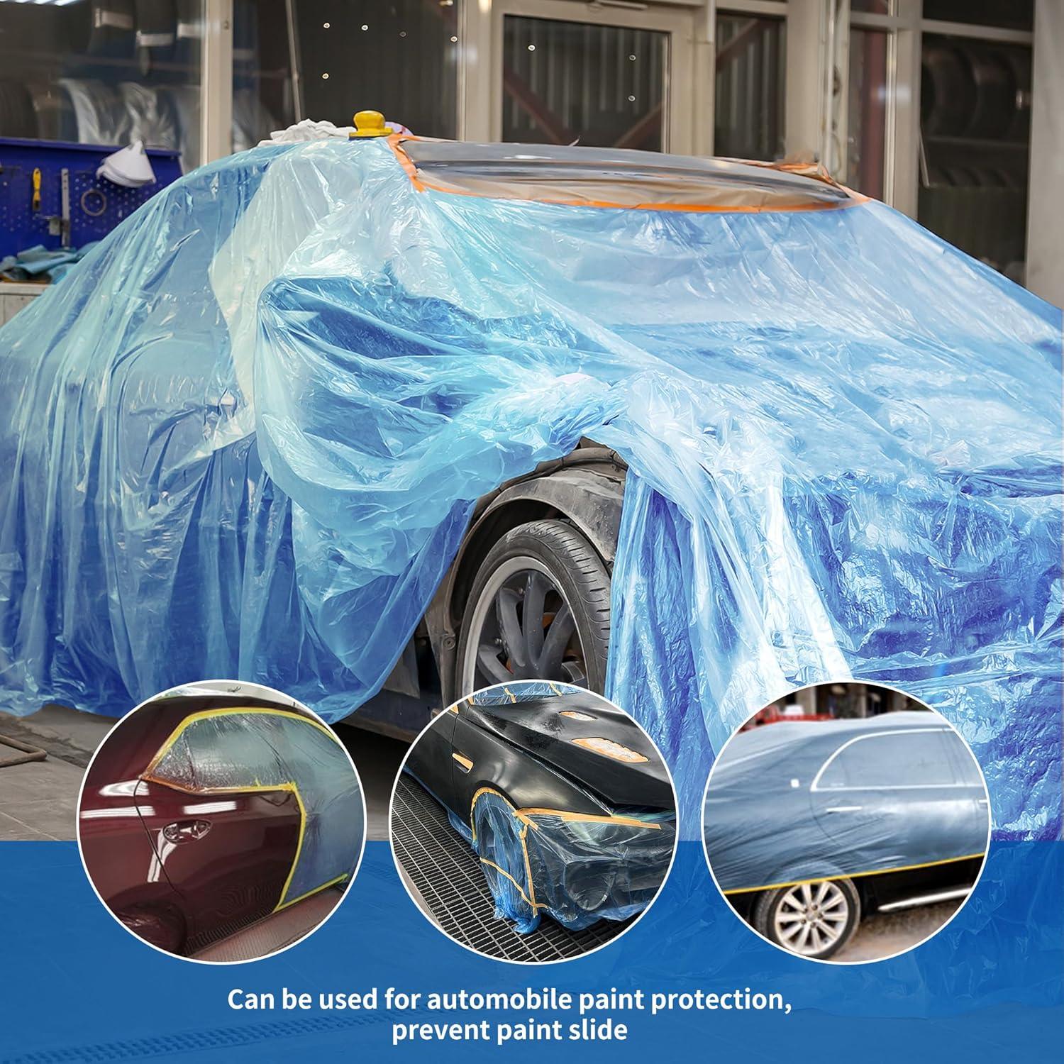 Pre-Taped Automotive Masking Film 4 Pack 59 in x 65 feet Rolls, Tape and Drape, Painters Plastic Drop Cloth for Automotive Painting Covering, House Decoration Furniture Floor Dustproof Cover