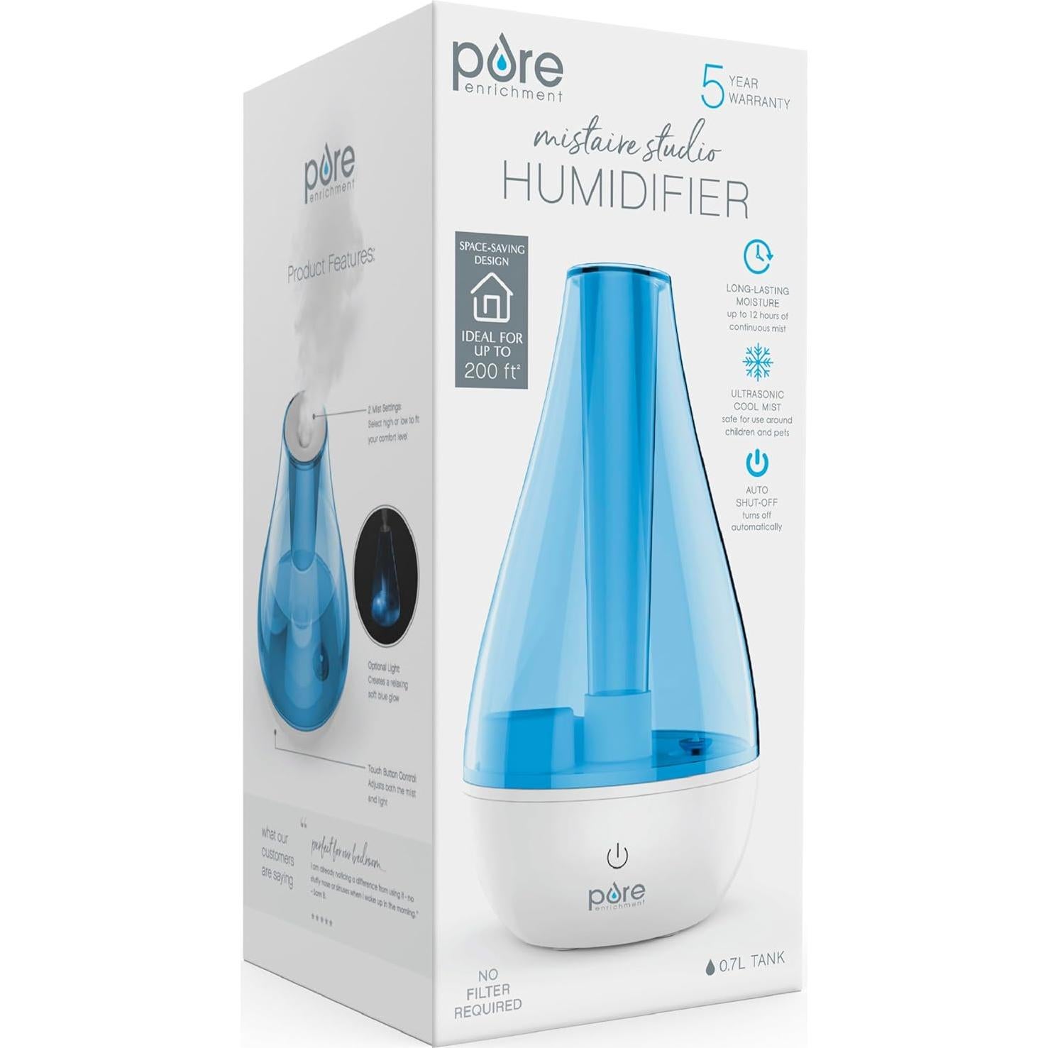Humidificador Ultrasonico MistAire Studio Pure Enrichment - Compacto, Luz Nocturna, Apagado Automático