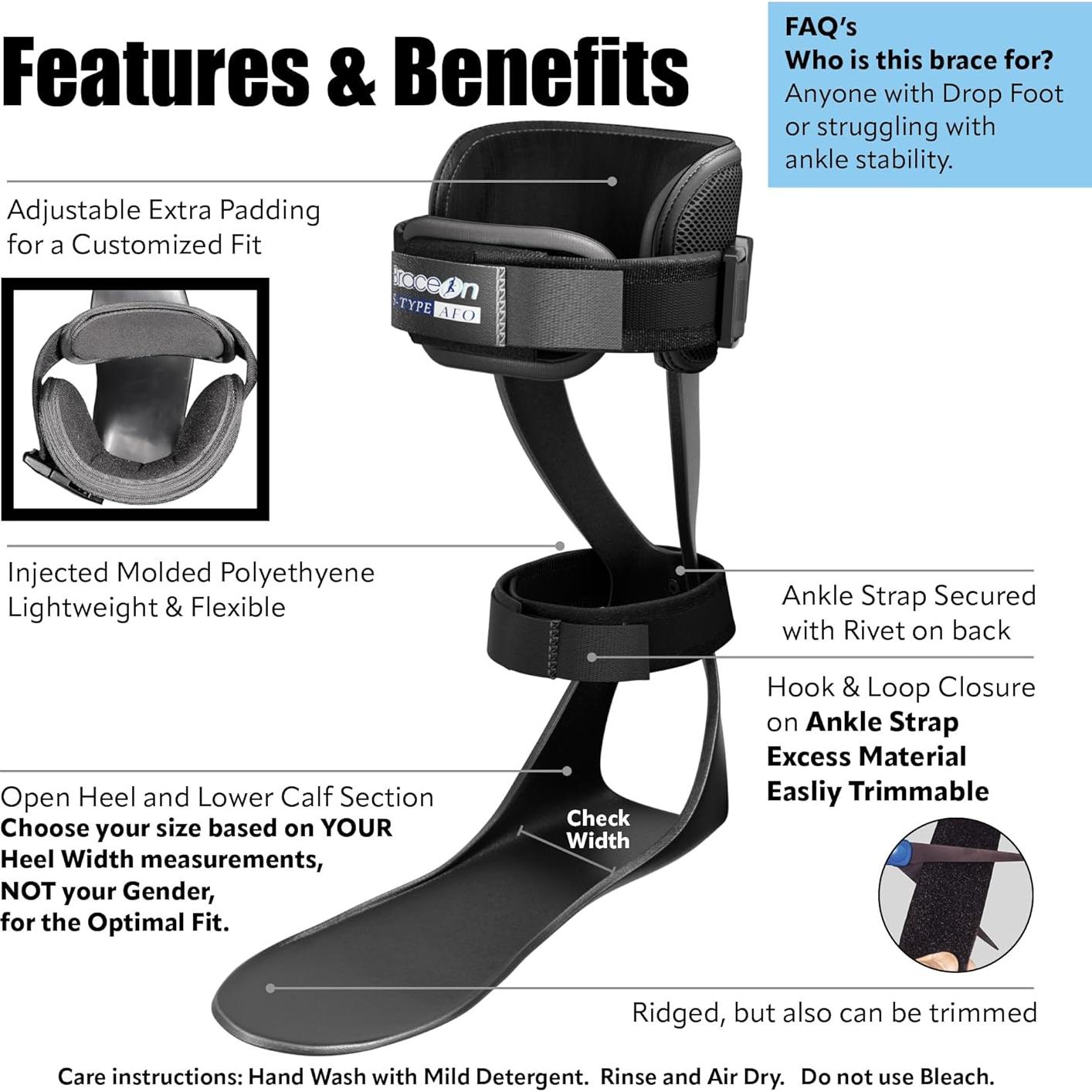 Brace On AFO S-Type - Drop Foot Stabilizer Brace, Moldable, Trimmable, Lightweight Polyethylene, Drop Foot Braces for Men, AFO Brace and Foot Drop Braces, Foot Boot for Injured Foot, Men, Left