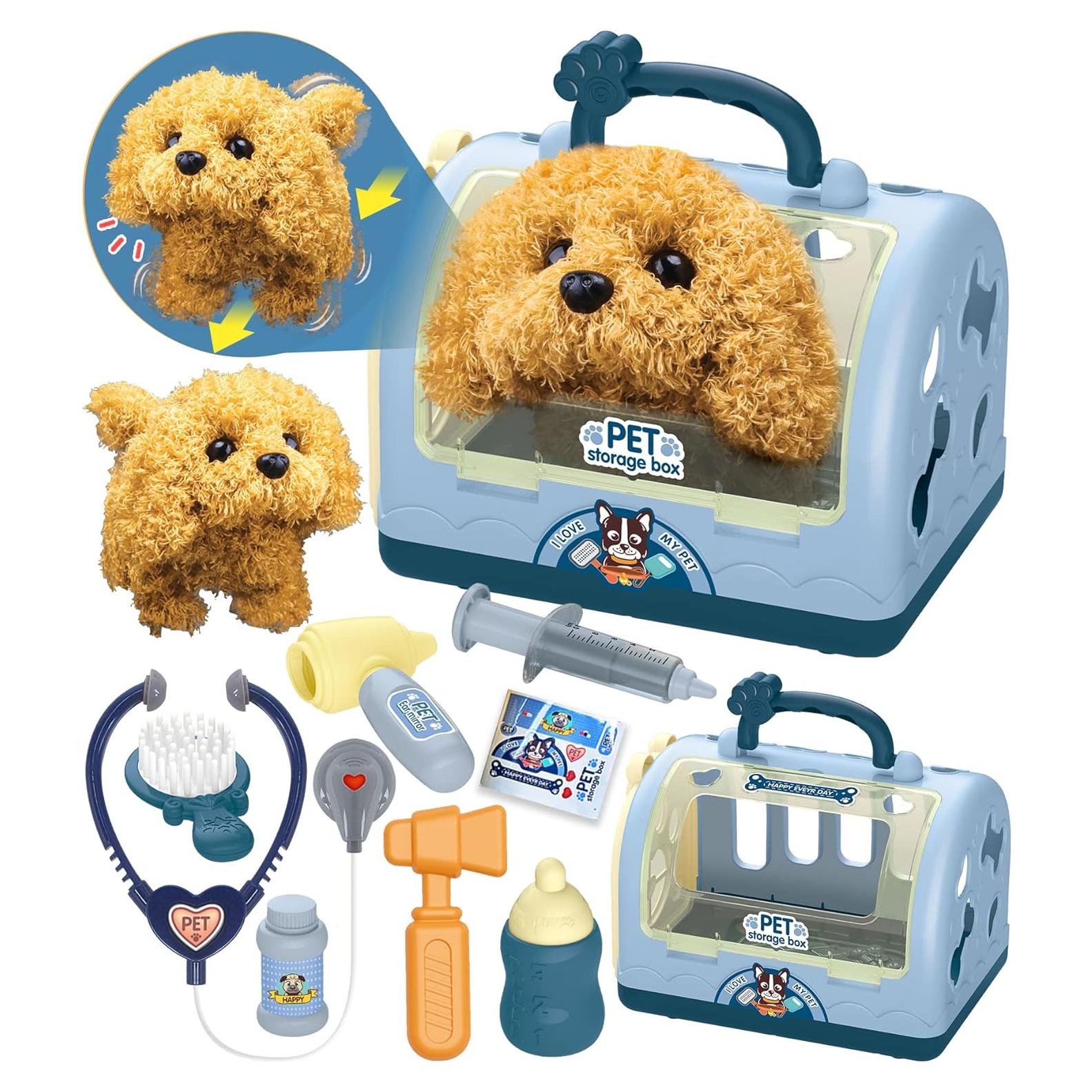 TEUVO Pet Care Playset Robot Dog Toys for Kids, 12Pcs Kids Vet Playset Toys Veterinarian Kit Doctor Kit & Interactive Electric Dog Plush & Cage Pretend Play Gifts for Girls Toddlers 3 4 5 6 7 Year Old