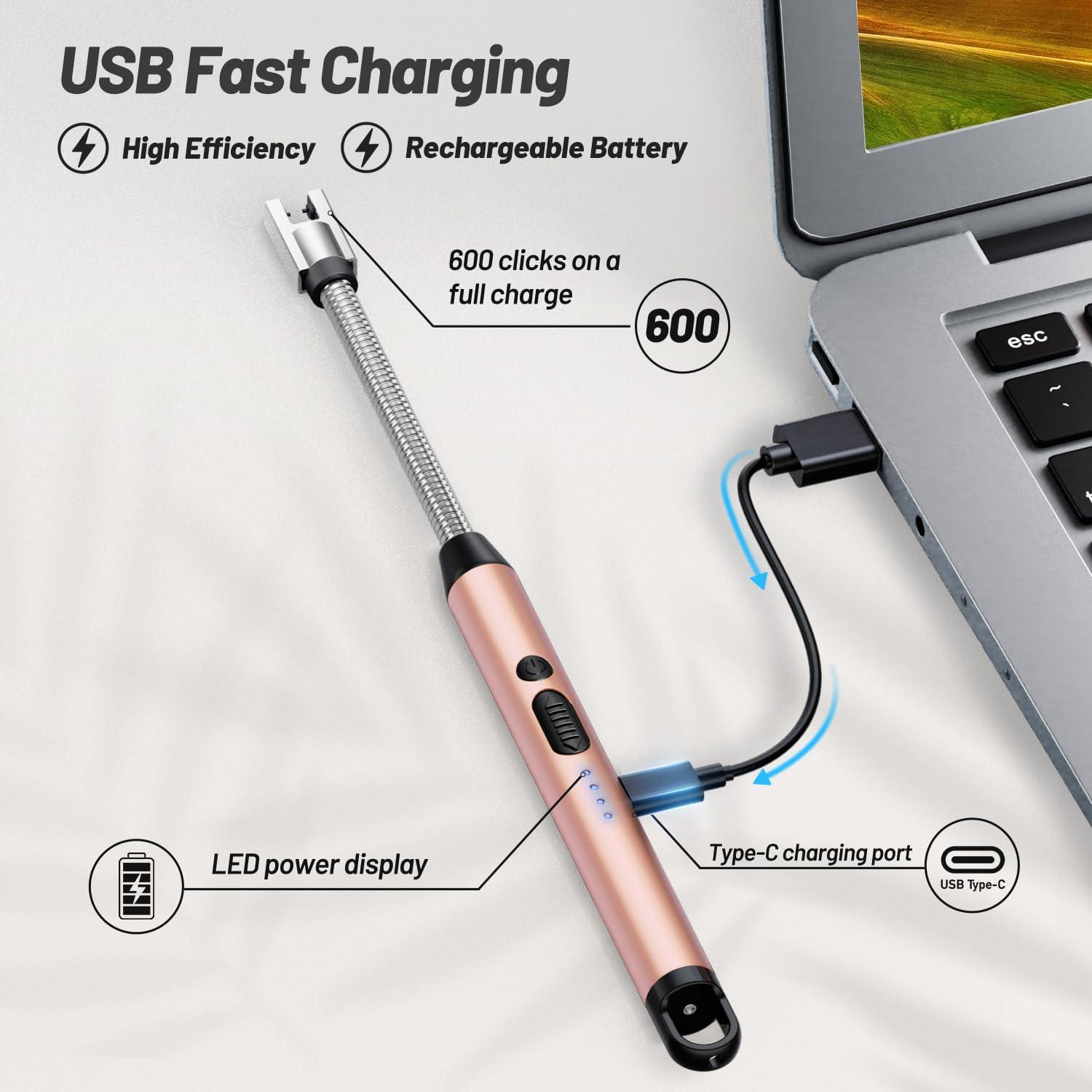 Electric Candle Lighter, Safty Lock, USB Type-C Port, Rechargeable Lighter, Windproof Flameless, Led Display, for Home Kitchen (Rose Gold)