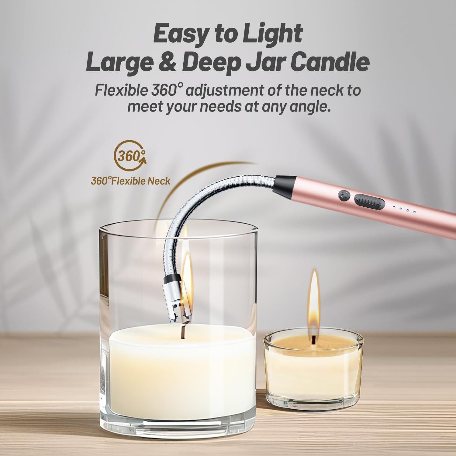 Electric Candle Lighter, Safty Lock, USB Type-C Port, Rechargeable Lighter, Windproof Flameless, Led Display, for Home Kitchen (Rose Gold)