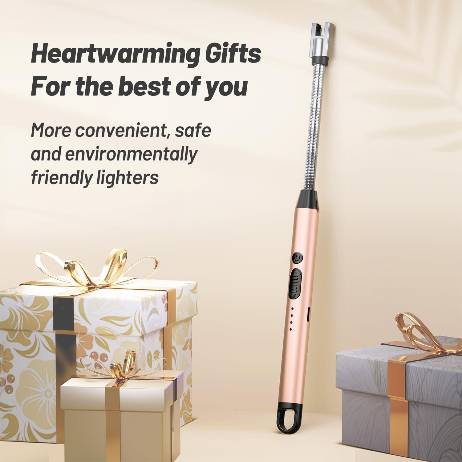 Electric Candle Lighter, Safty Lock, USB Type-C Port, Rechargeable Lighter, Windproof Flameless, Led Display, for Home Kitchen (Rose Gold)