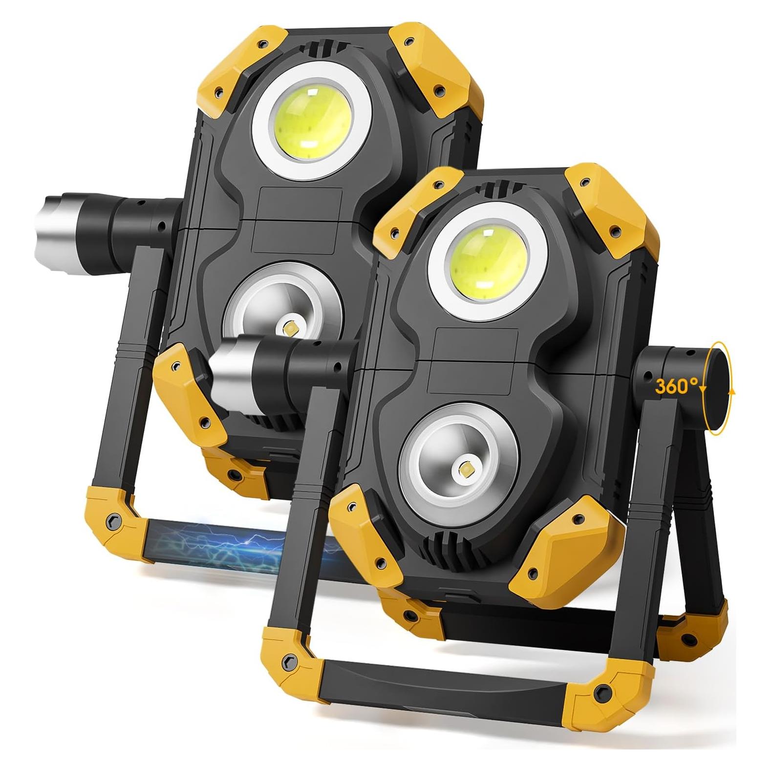 Samyoung 2 Pack Magnetic 2500 LM LED Work Light, 10 Hours Long Lasting 360°Rotating 7000K Warm Rechargeable Work Light Folding Waterproof for Job Site Car Inspection Camping Emergency