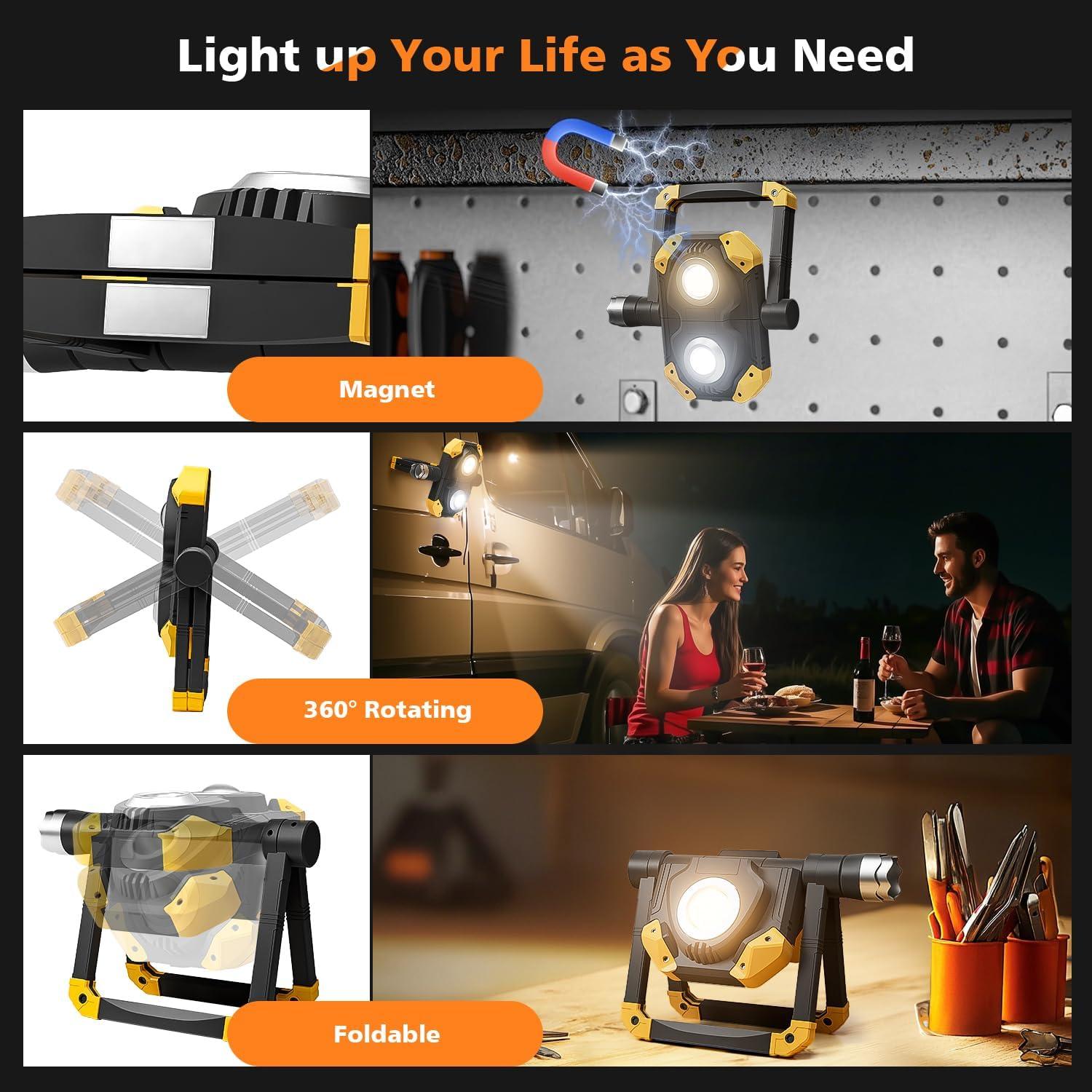Samyoung 2 Pack Magnetic 2500 LM LED Work Light, 10 Hours Long Lasting 360°Rotating 7000K Warm Rechargeable Work Light Folding Waterproof for Job Site Car Inspection Camping Emergency