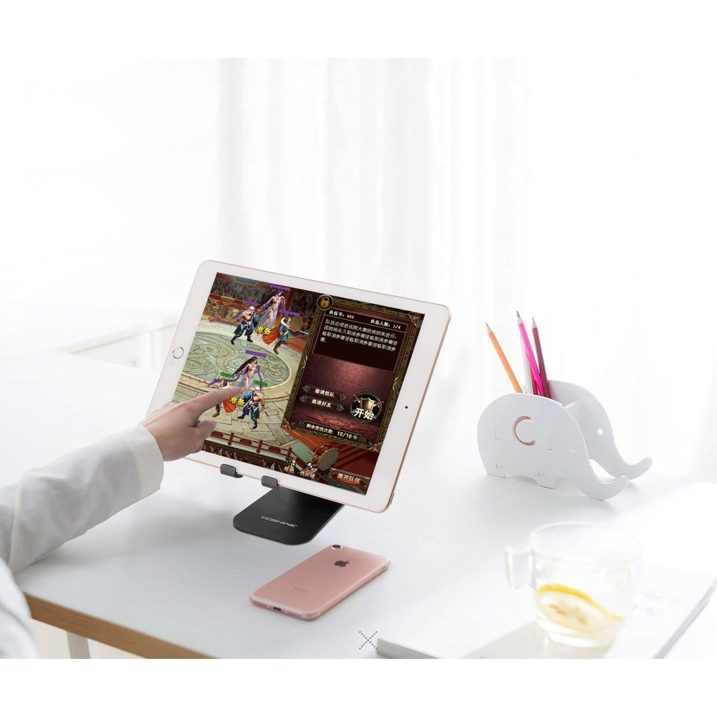 Cell Phone Stand, Upgraded Phone Stand for Desk, Adjustable Tablet Stand, Foldable Portable Aluminum Phone Holder, Cradle, Dock for All iPhone Smartphones and iPad Tablets(4-13in) - Black