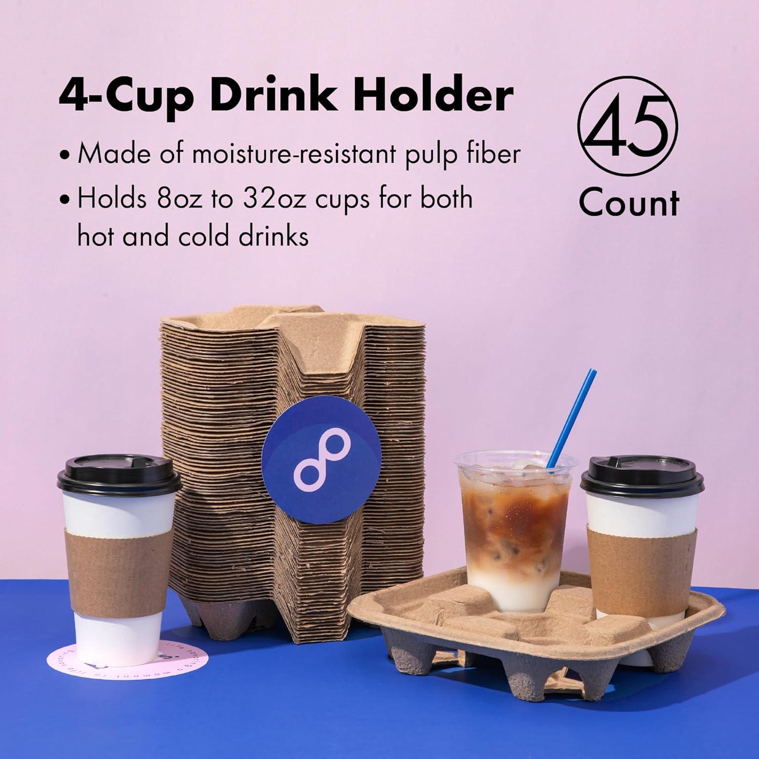 FMP Brands 4 Cup Disposable Drink Carrier Trays, 45 Pack Compostable Pulp Fiber Cup Holder for 8-32 oz Cup, Durable to Go Coffee Cup Holders for Delivery Service, Uber Eats