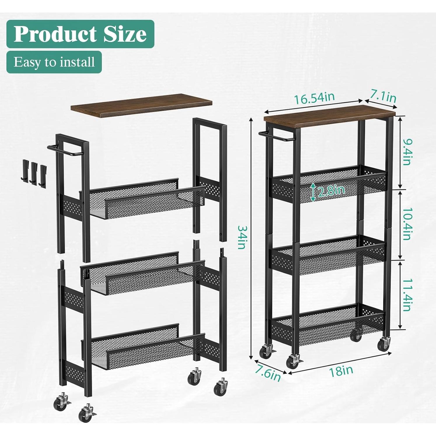 Carro de Almacenamiento Rodante Giwil 4 Niveles Negro