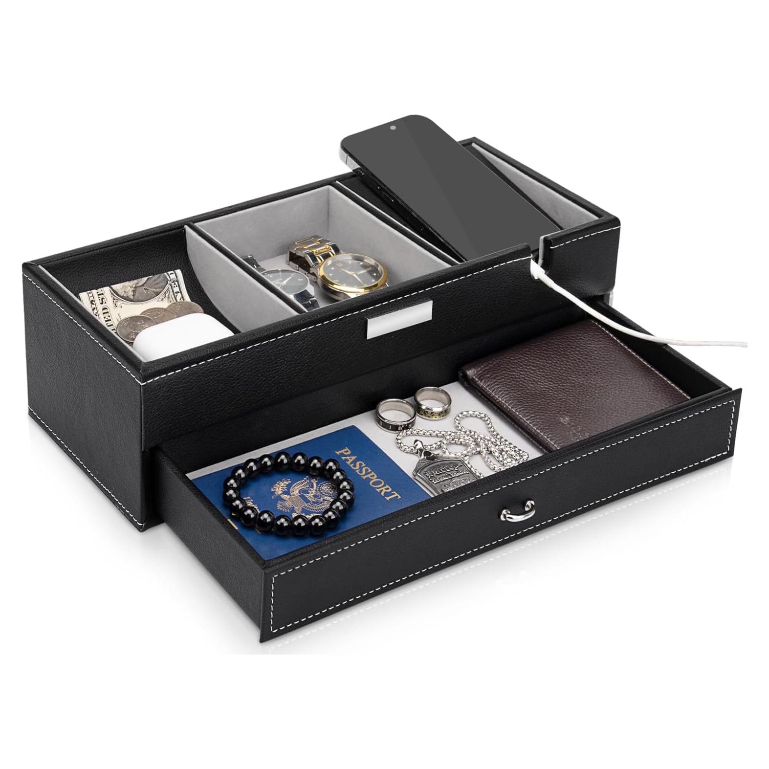 Bandeja de Valet Baoyun para Hombres de Cuero Negro 32.6x14x9 cm