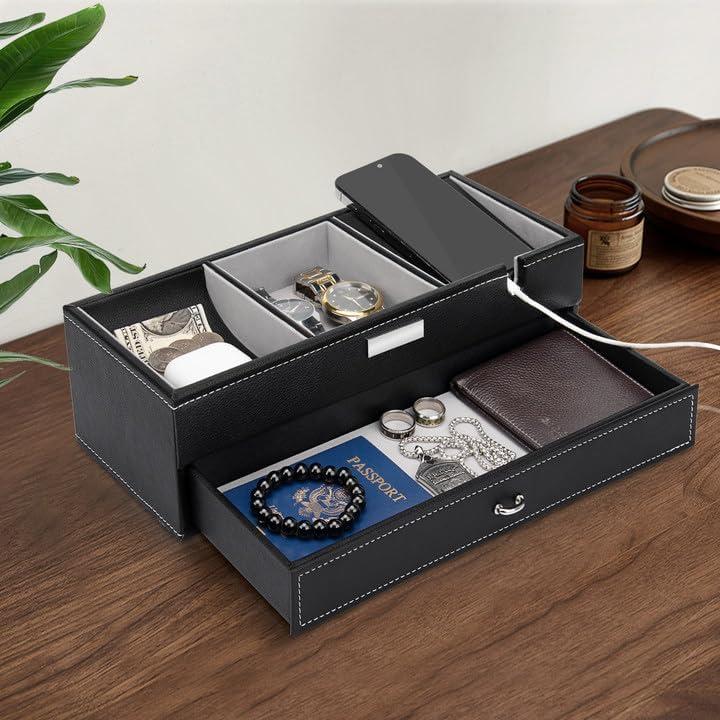 Bandeja de Valet Baoyun para Hombres de Cuero Negro 32.6x14x9 cm