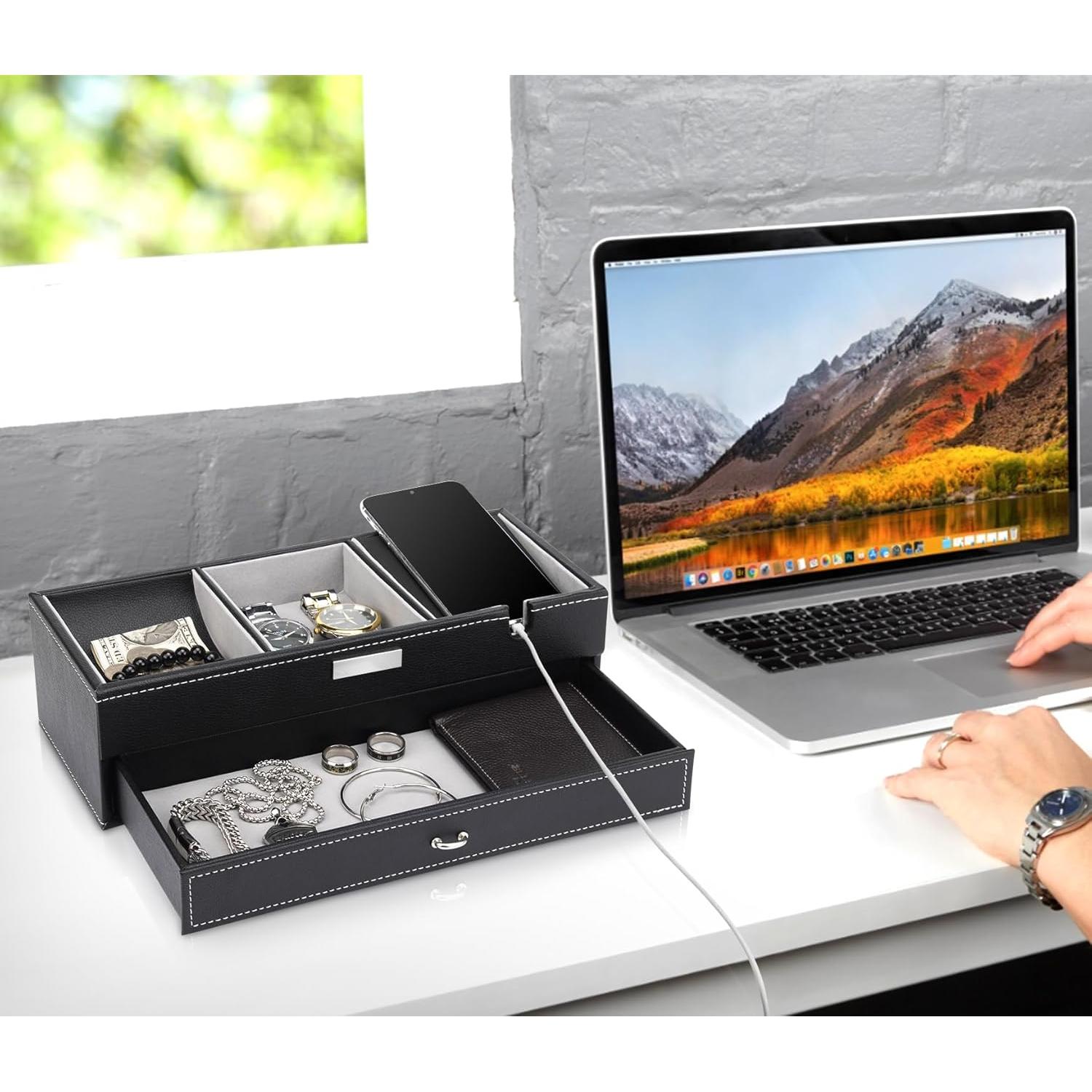 Bandeja de Valet Baoyun para Hombres de Cuero Negro 32.6x14x9 cm