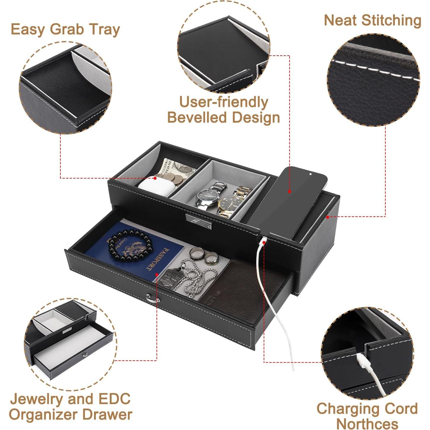 Bandeja de Valet Baoyun para Hombres de Cuero Negro 32.6x14x9 cm