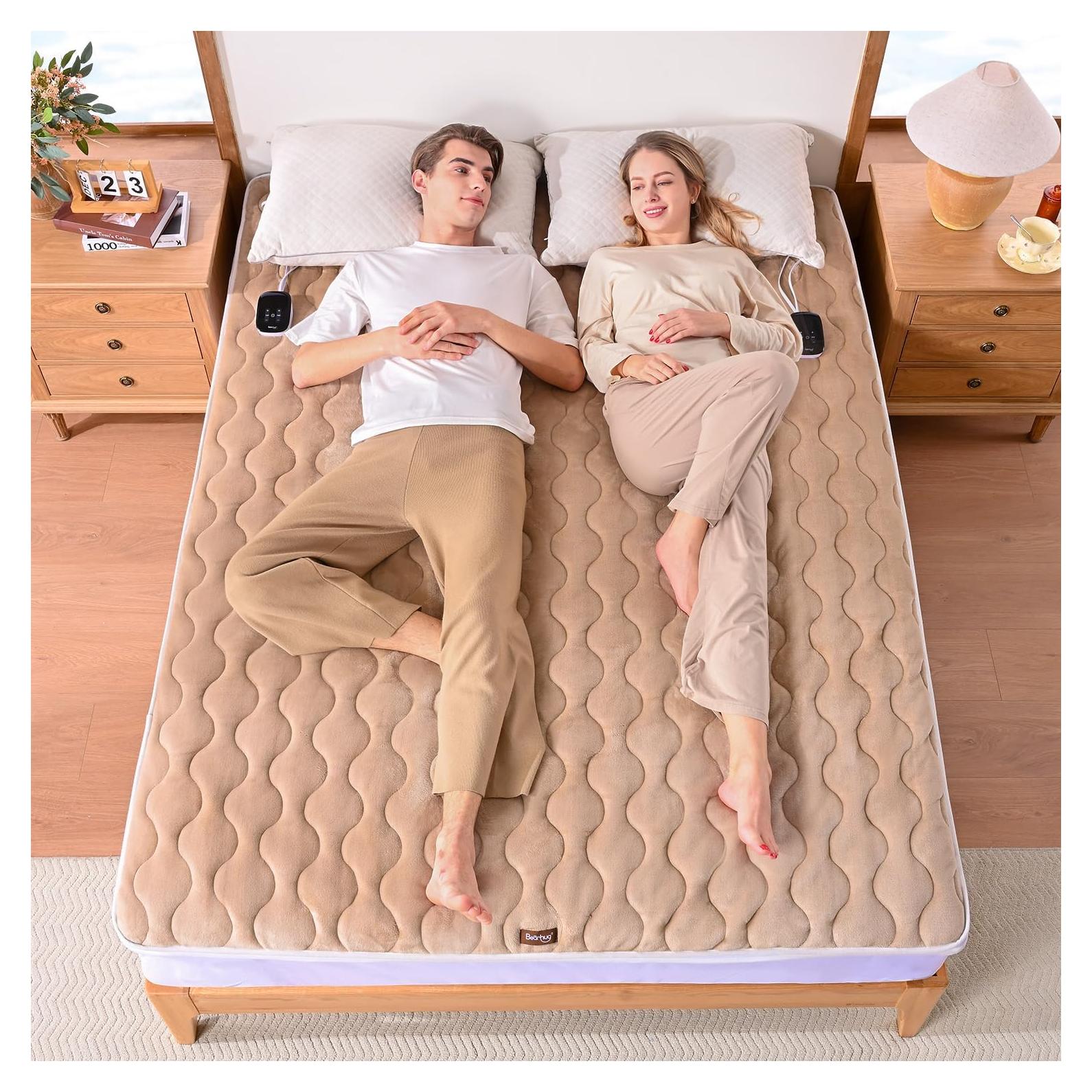 Bearhug Queen Electric Mattress Pad, Dual Control Bed Warmer with 10 Heat Level, Auto Shut Off Timer, Zipper Heated Mattress Pad with Deep Pocket Up to 18",ETL Certified, Machine Wash 60" x 80", Brown