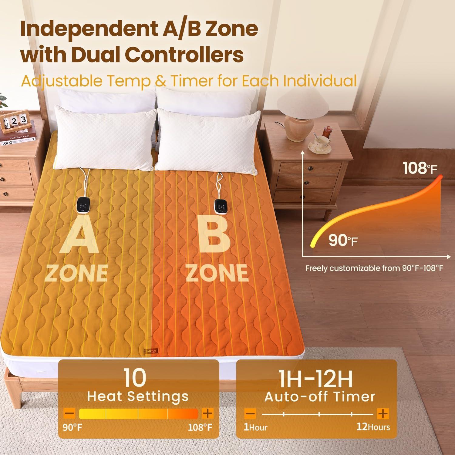 Bearhug Queen Electric Mattress Pad, Dual Control Bed Warmer with 10 Heat Level, Auto Shut Off Timer, Zipper Heated Mattress Pad with Deep Pocket Up to 18",ETL Certified, Machine Wash 60" x 80", Brown